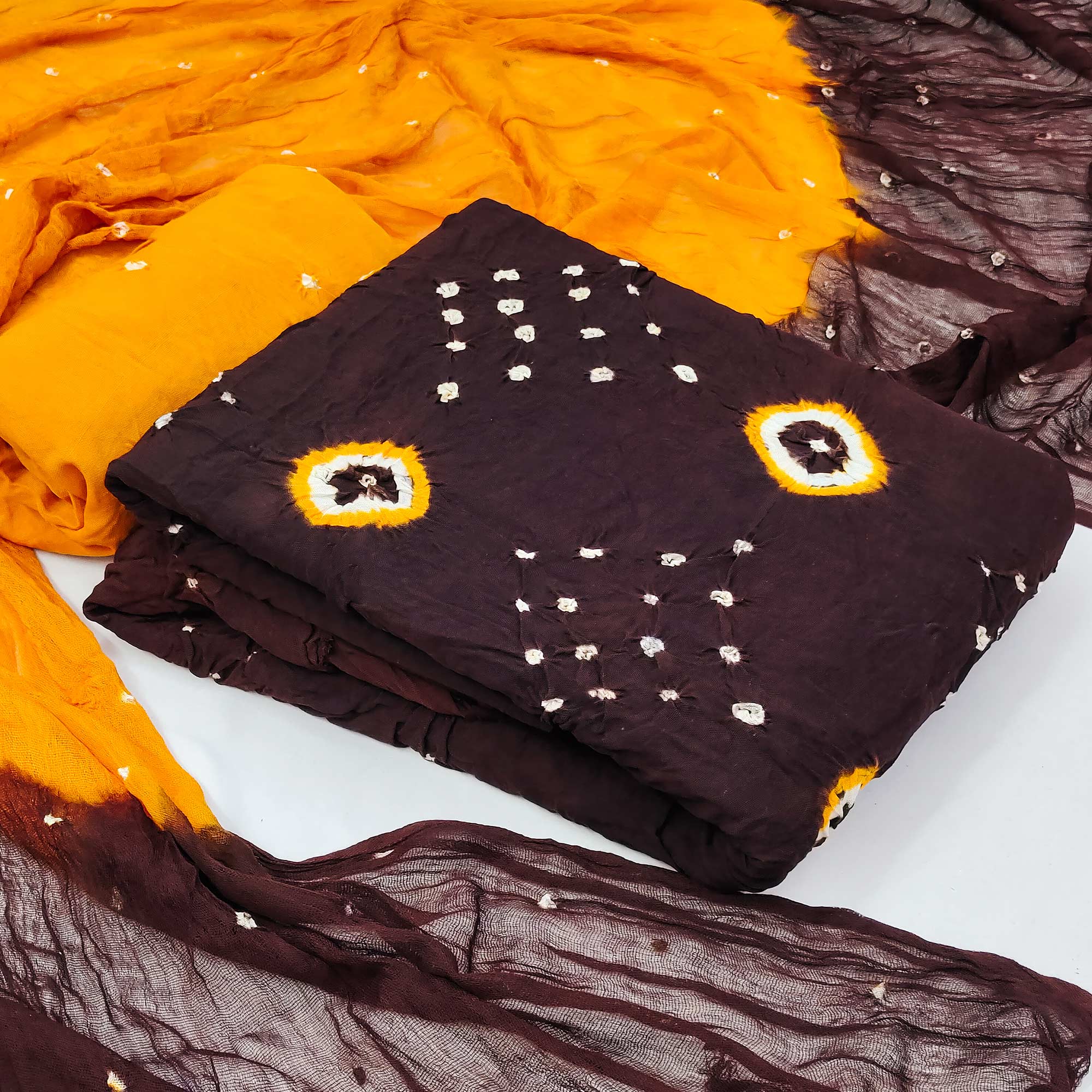 Dark Brown Tie & Dye Printed Rayon Dress Material