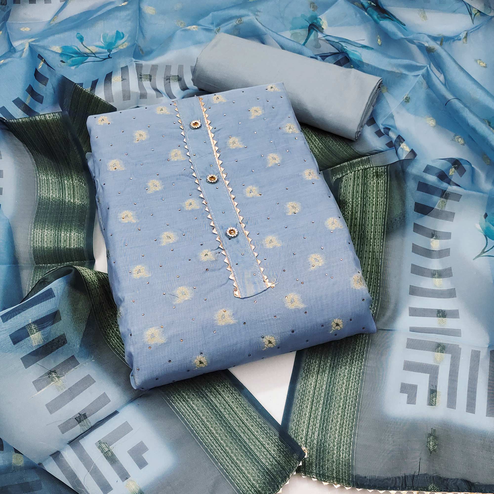 Blue Woven With Swarovski Work Banarasi Silk Dress Material