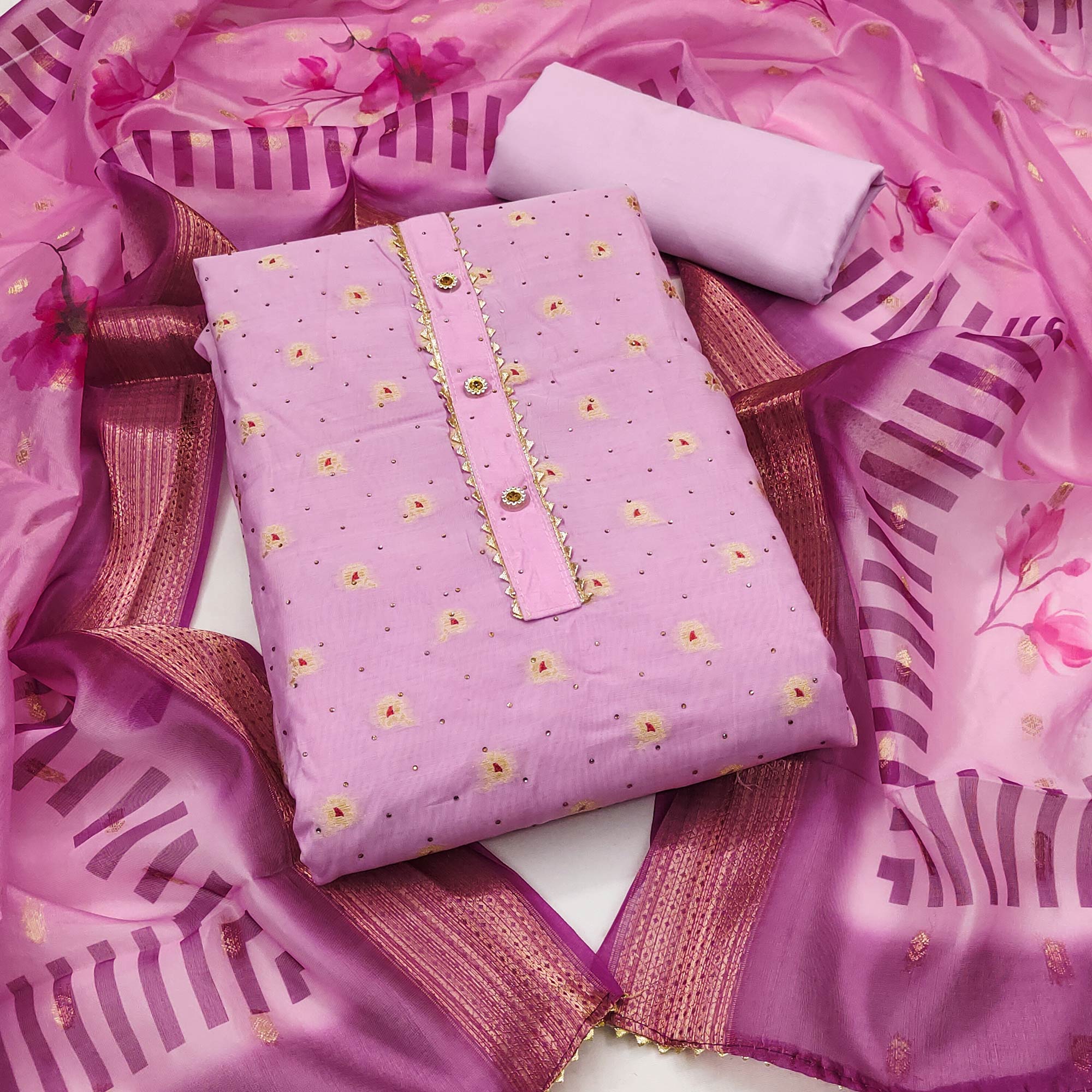 Pink Woven With Swarovski Work Banarasi Silk Dress Material