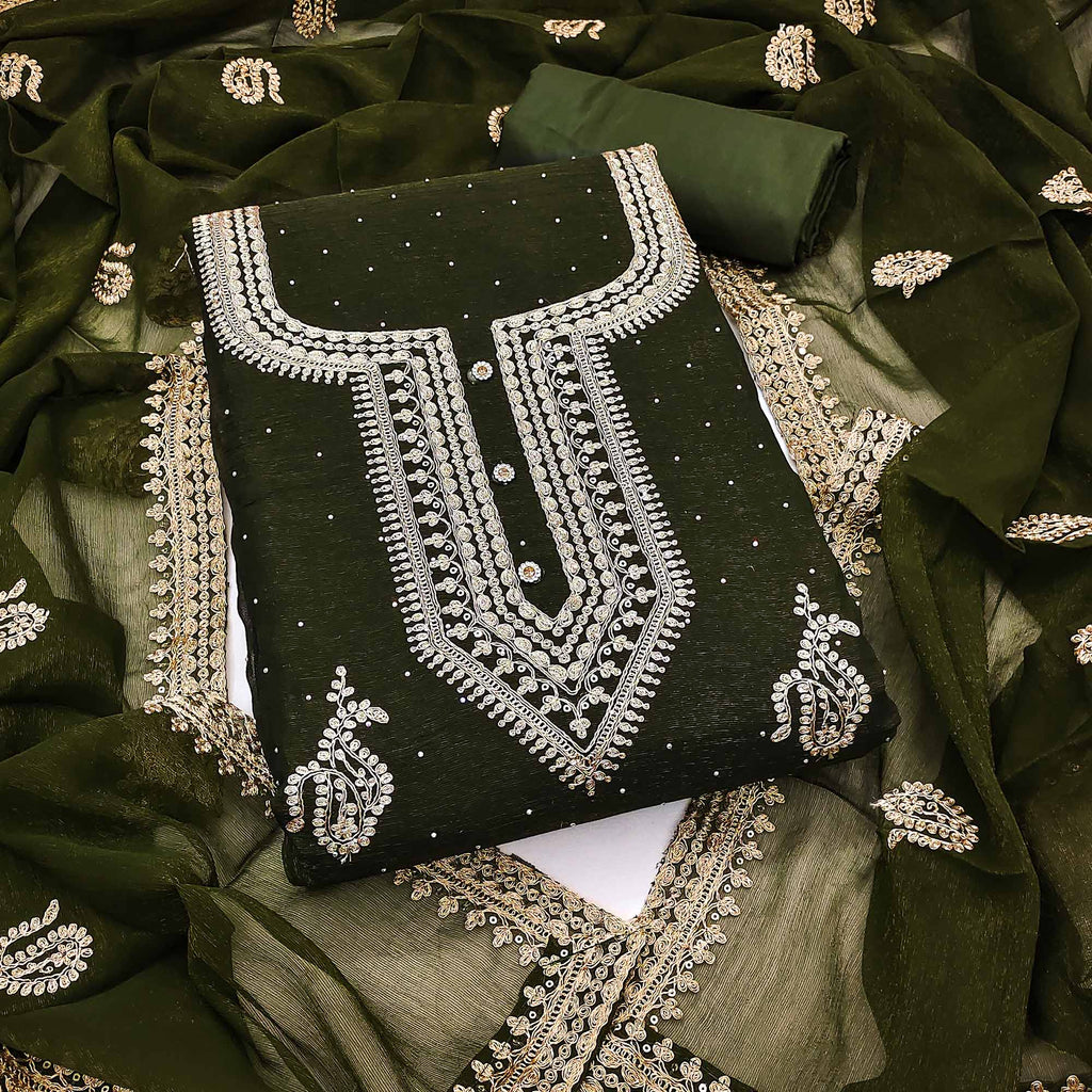 Mehendi Green Floral Embroidery With Swarovski Work Georgette Dress Material