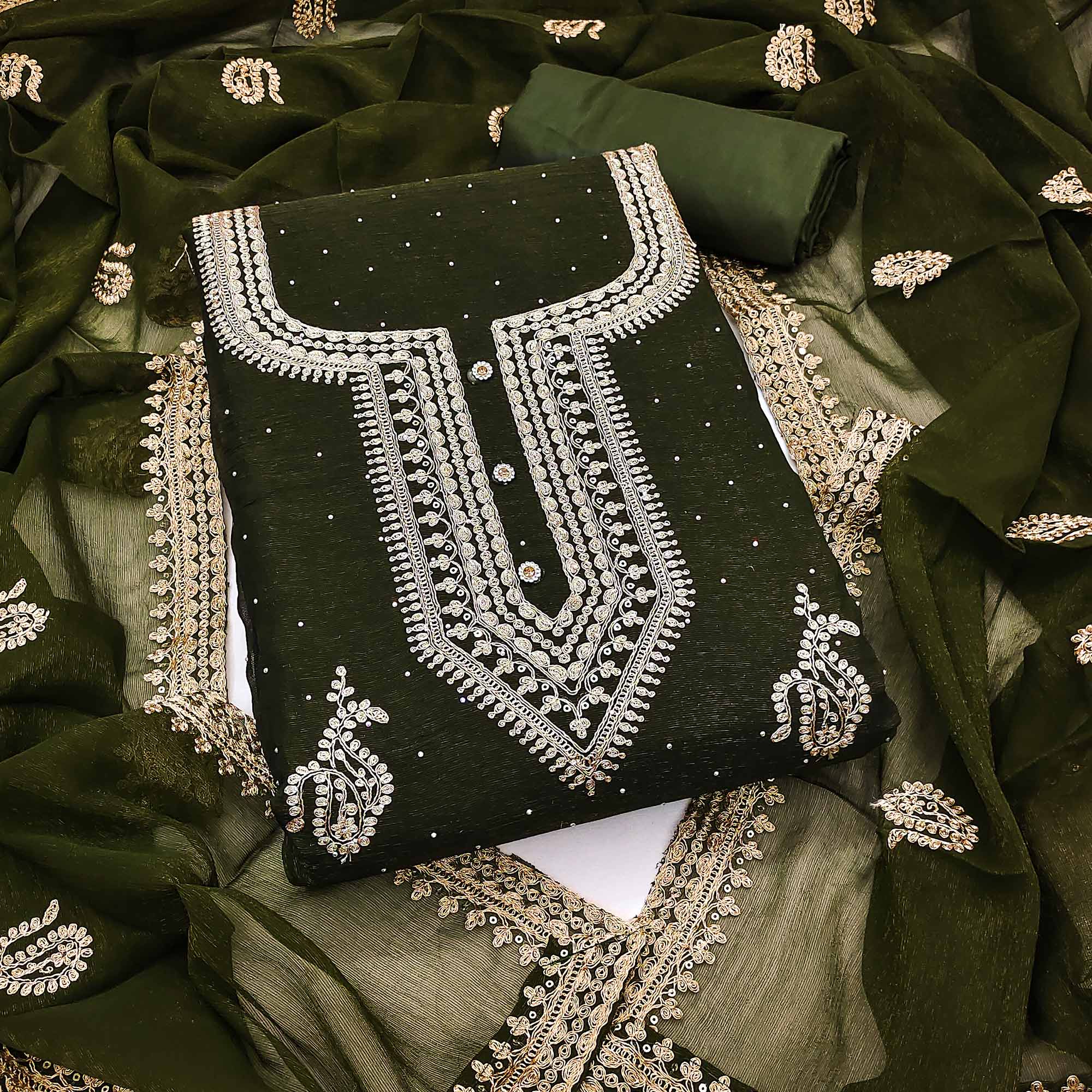 Mehendi Green Floral Embroidery With Swarovski Work Georgette Dress Material