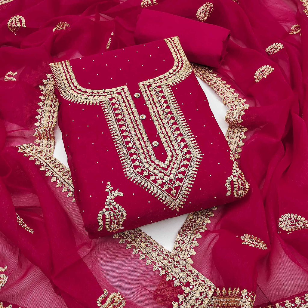 Pink Floral Embroidery With Swarovski Work Georgette Dress Material