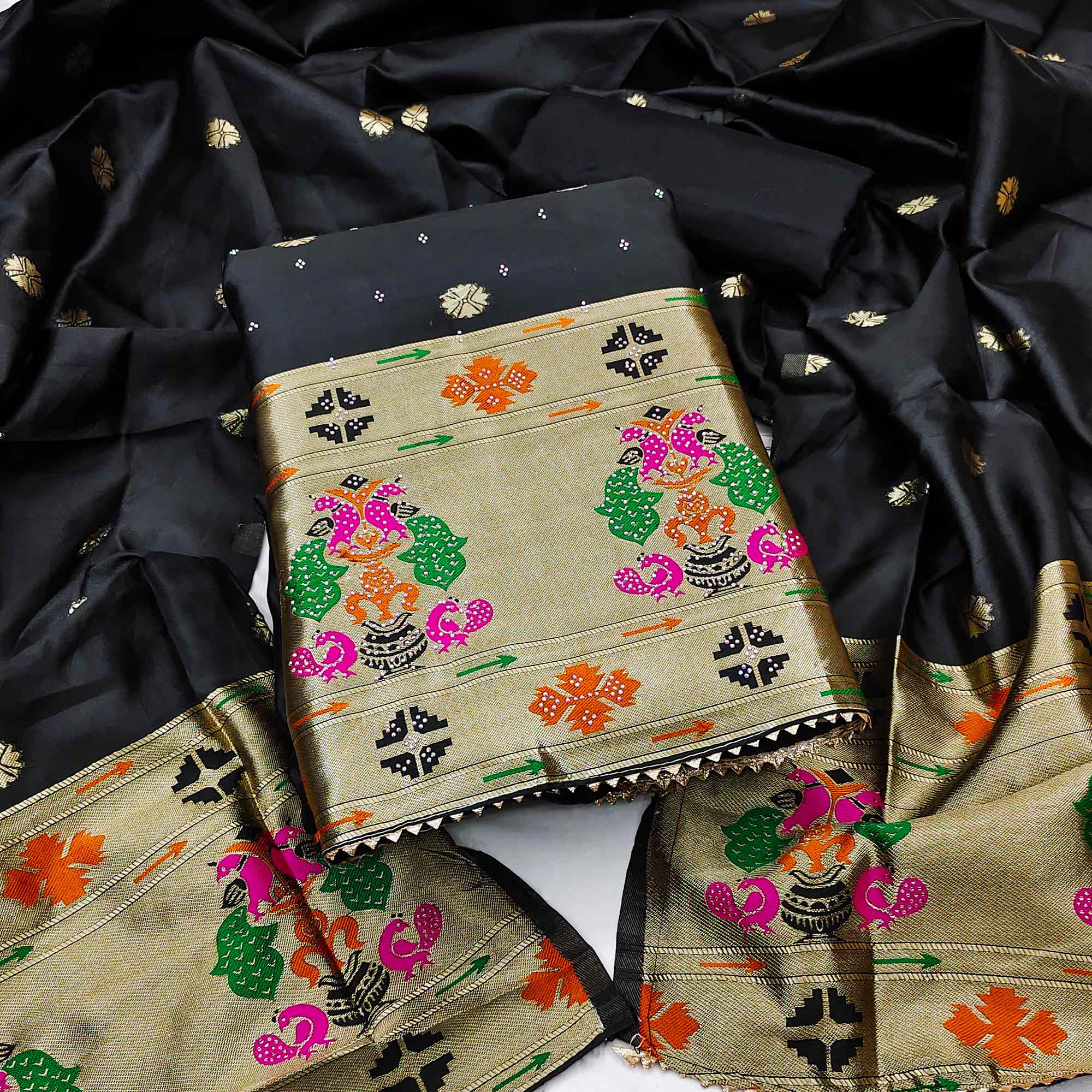 Black Floral Woven With Swarovski Work Banarasi Silk Dress Material