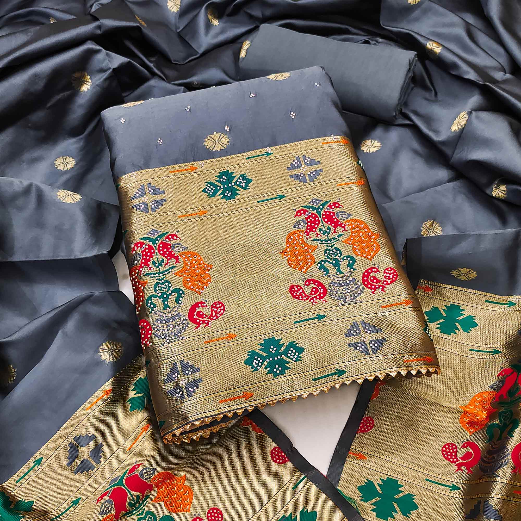 Grey Floral Woven With Swarovski Work Banarasi Silk Dress Material