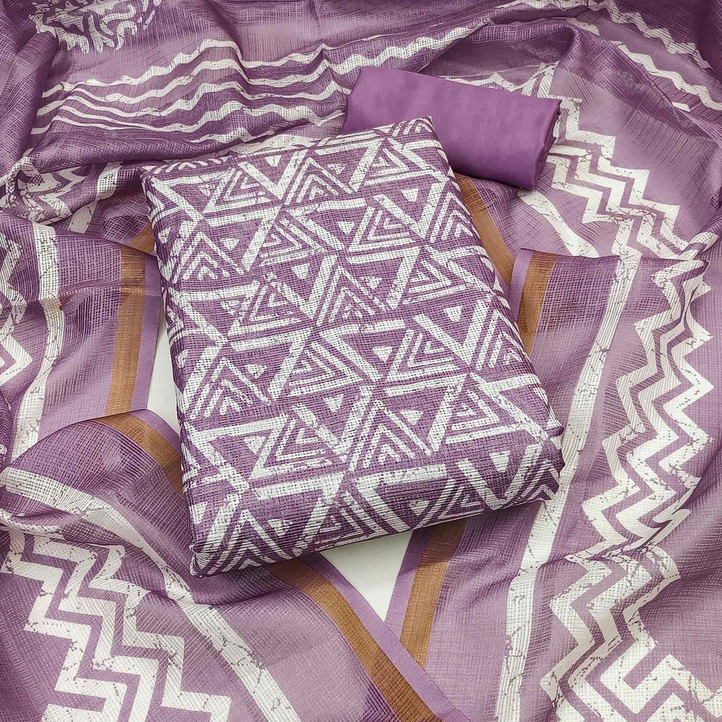 Lavender Geometric Printed Kota Doria Dress Material
