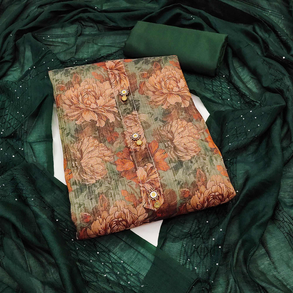 Green Floral Printed Cotton Silk Dress Material