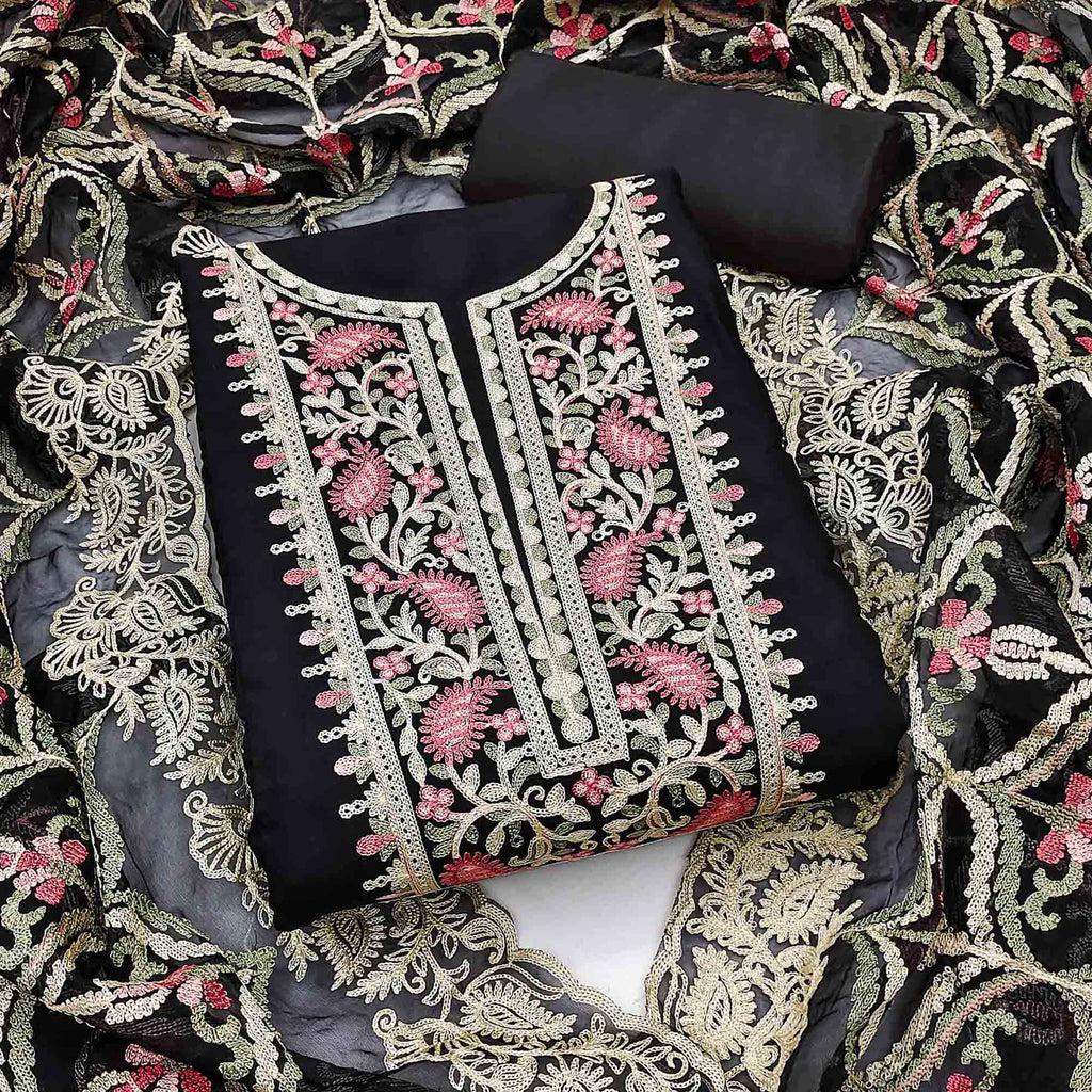 Black Floral Embroidered Georgette Dress Material