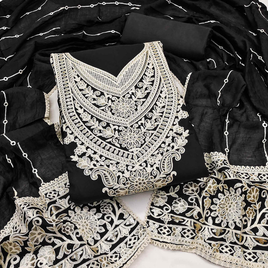 Black Floral Embroidered Georgette Dress Material
