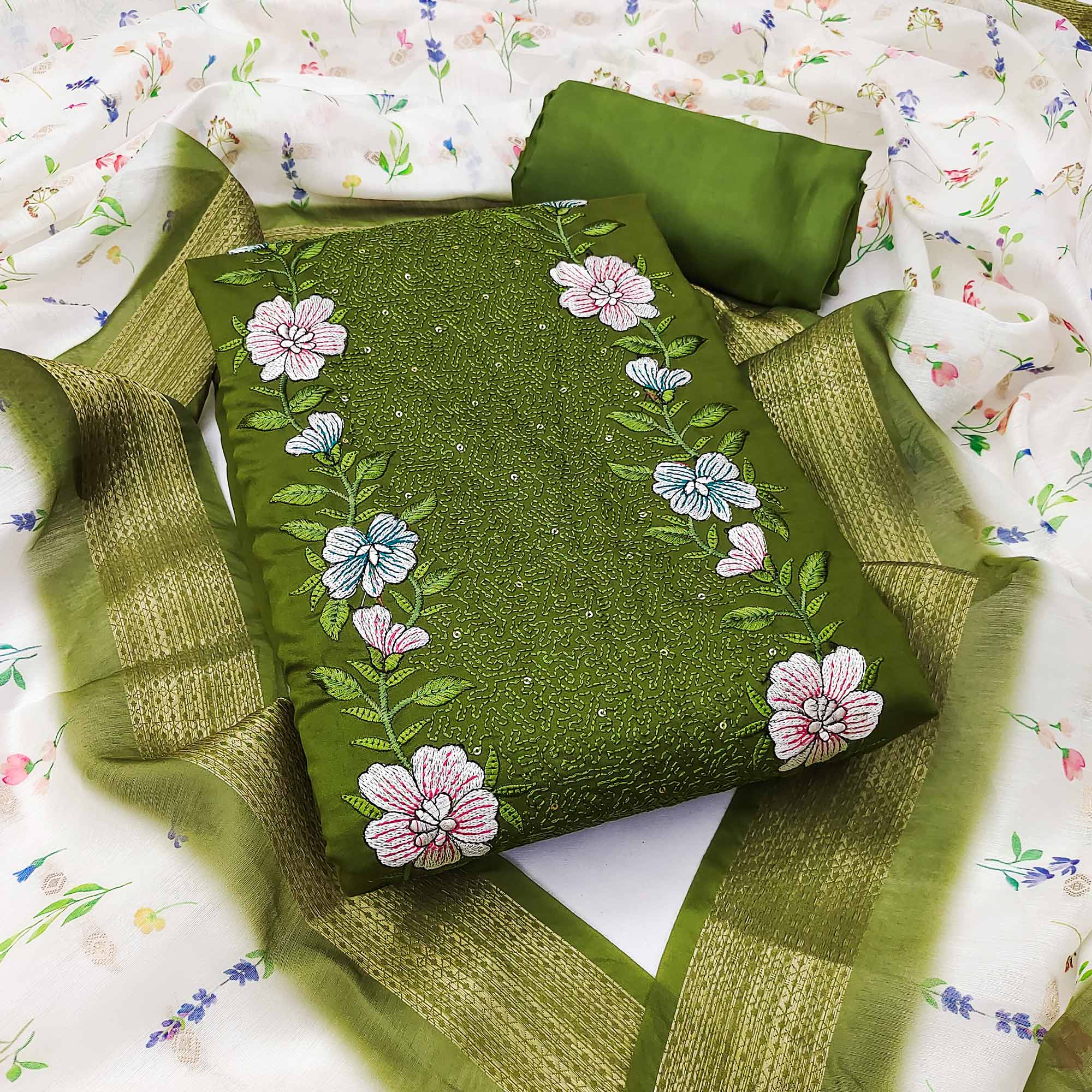 Green Viscose Dress Material with Intricate Floral Embroidery