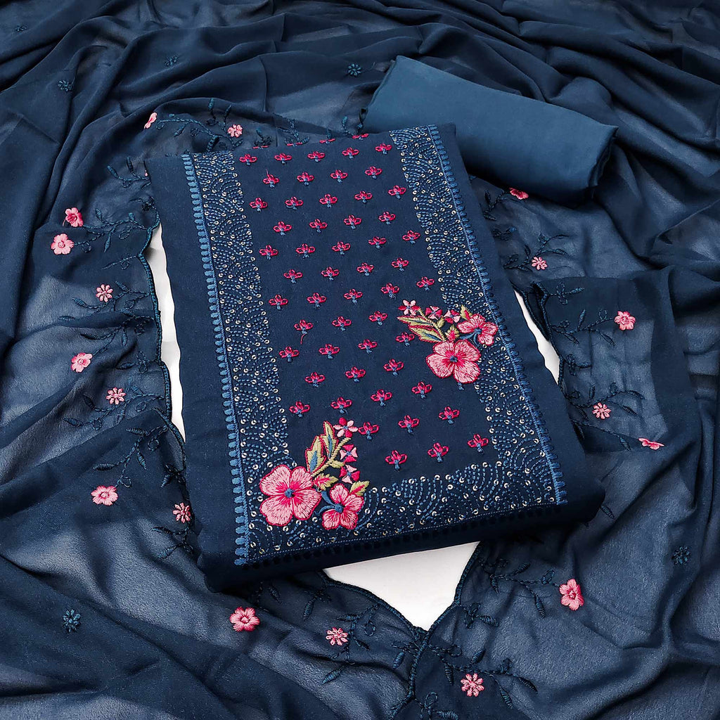 Designer Blue Georgette Fabric with Intricate Floral Embroidery