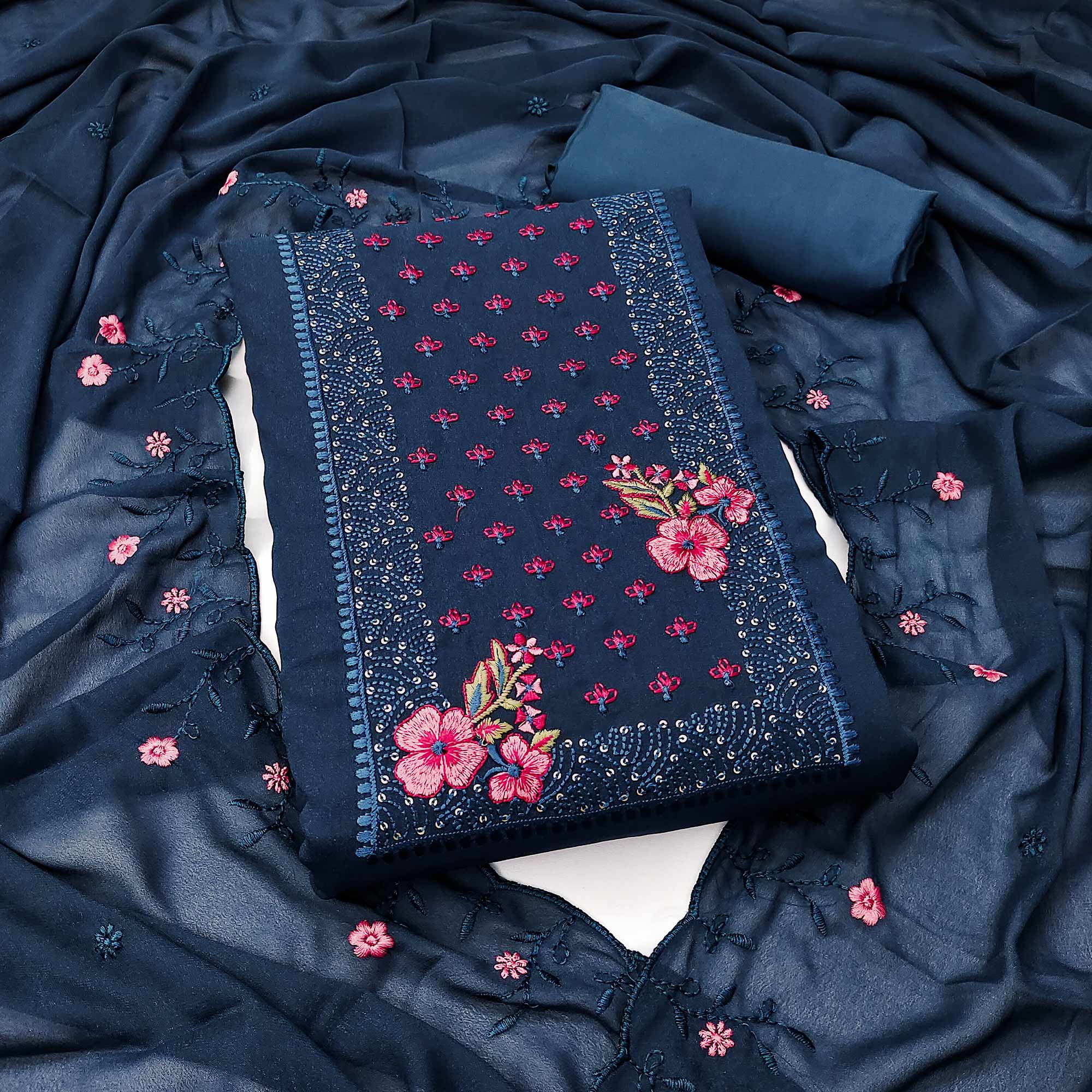 Designer Blue Georgette Fabric with Intricate Floral Embroidery