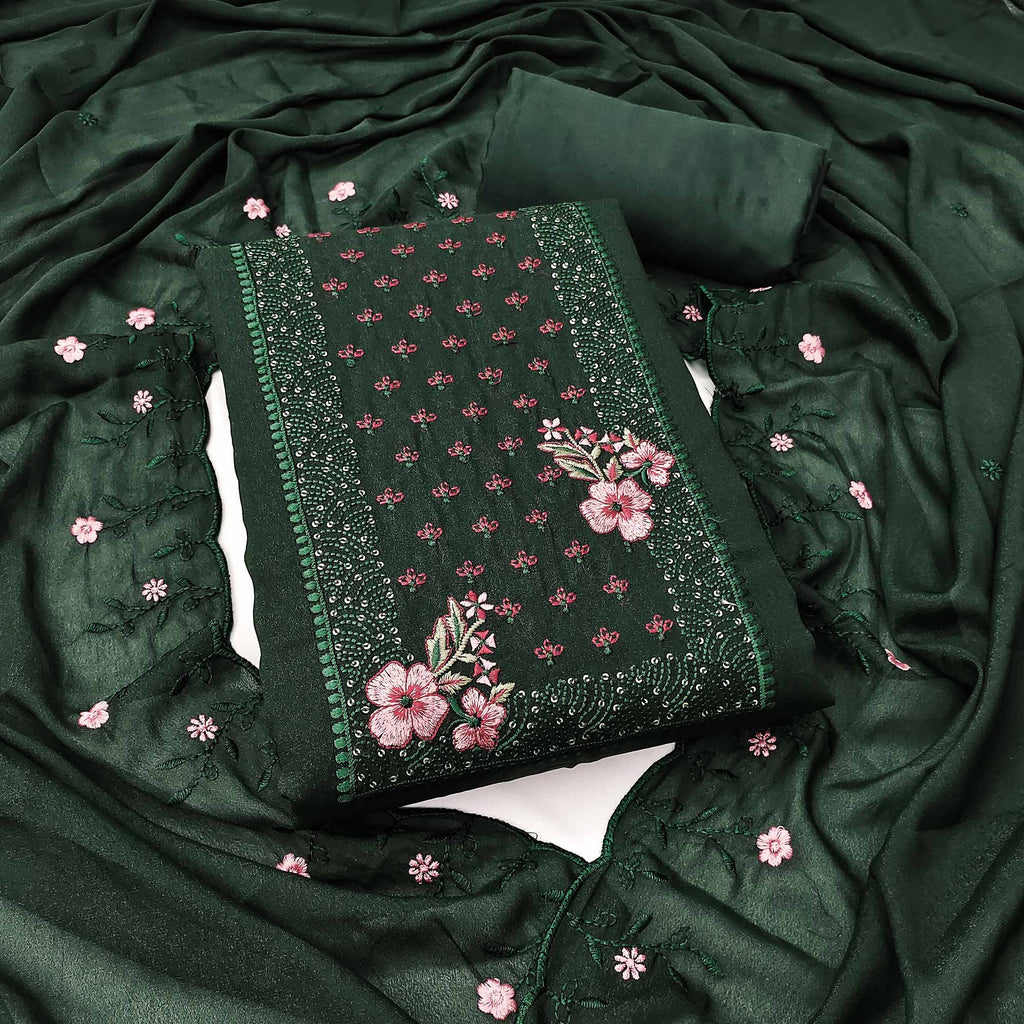 Designer Green Georgette Fabric with Intricate Floral Embroidery