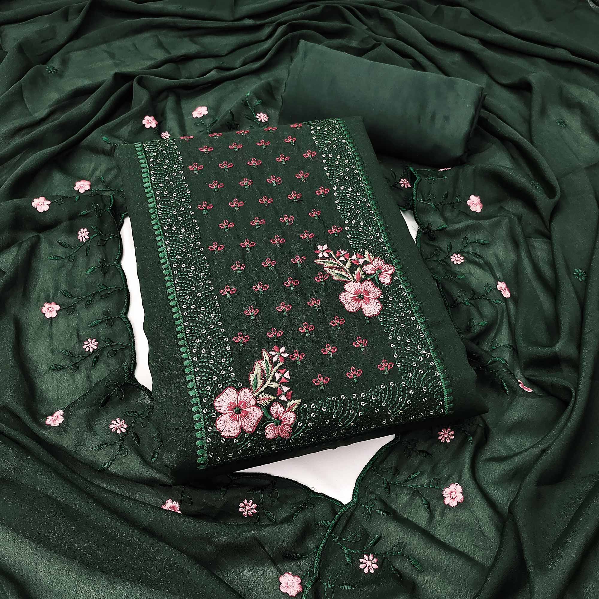 Designer Green Georgette Fabric with Intricate Floral Embroidery