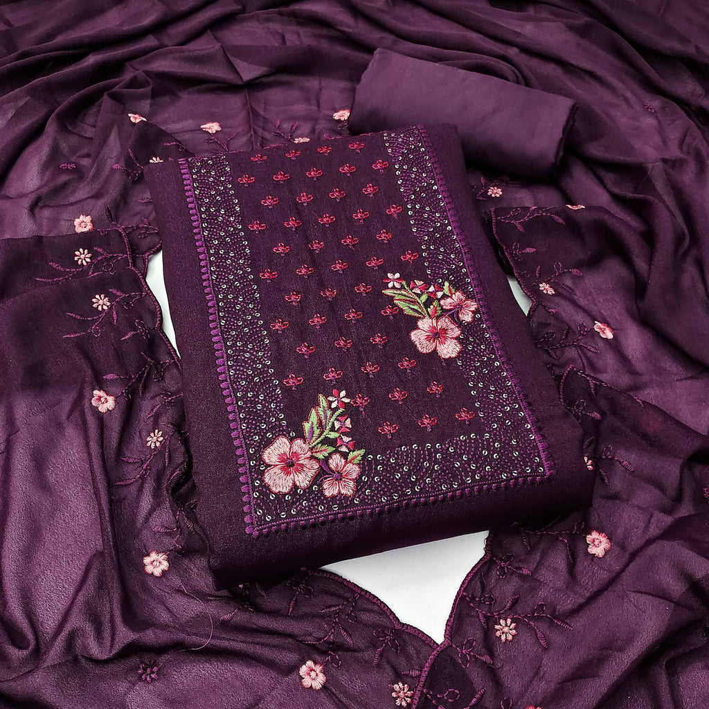 Designer Purple Georgette Fabric with Intricate Floral Embroidery