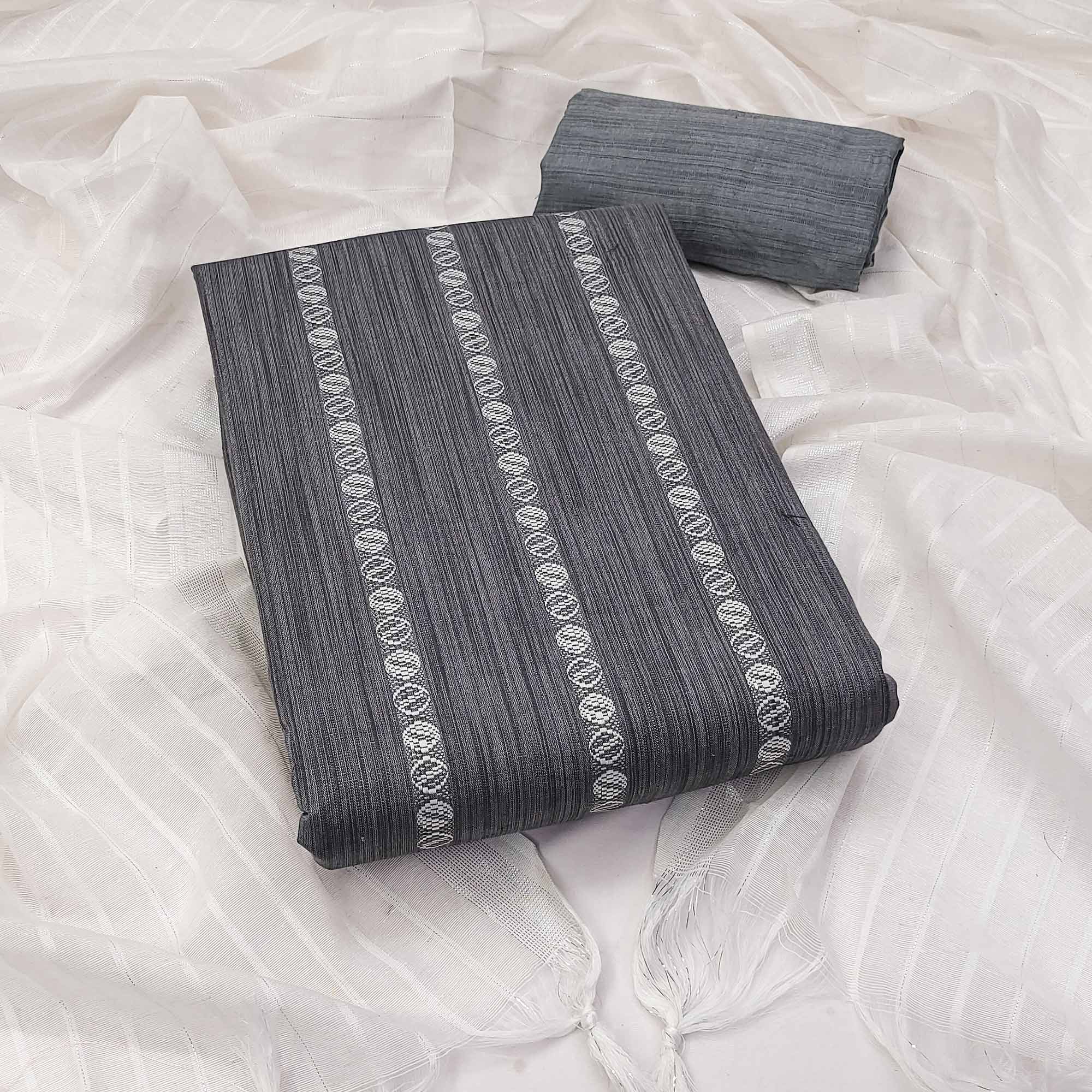Intricate Weaving Work on Grey Pure Cotton Dress Material