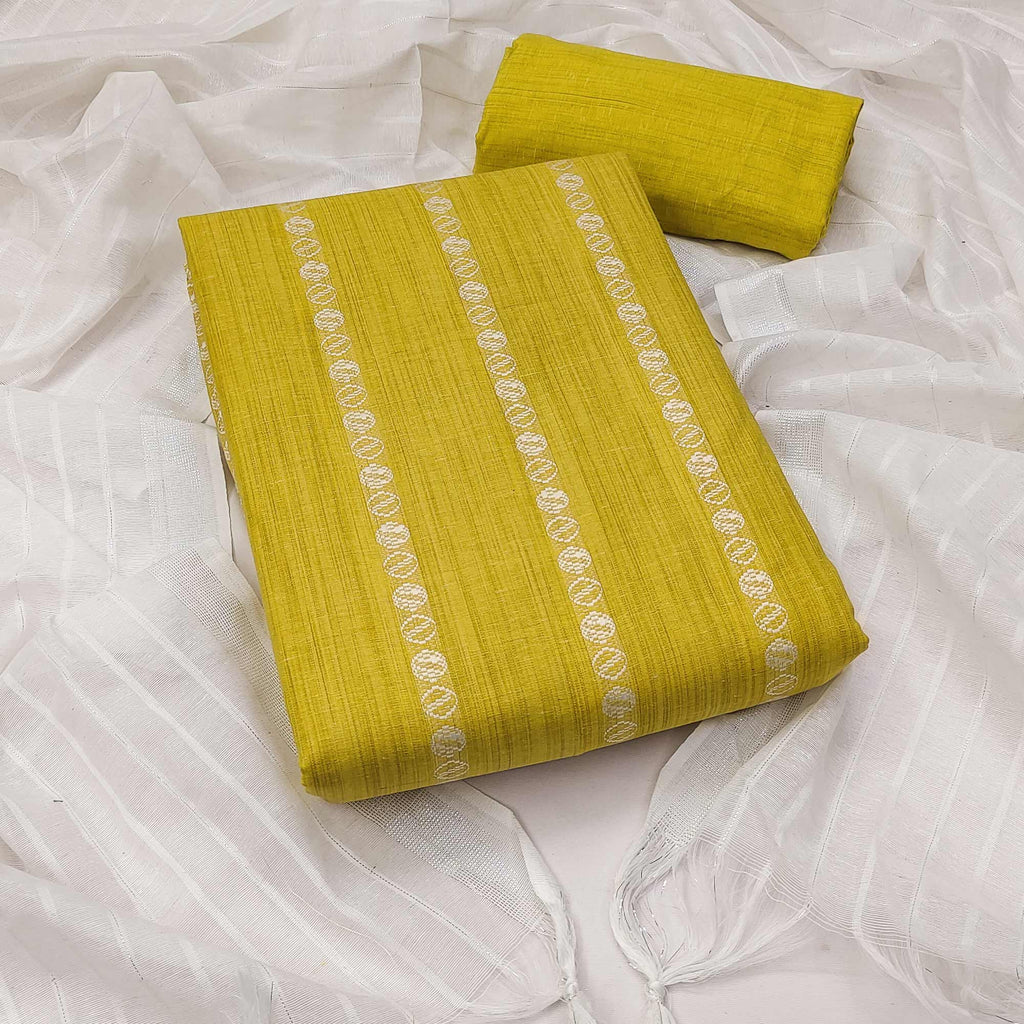 Intricate Weaving Work on Yellow Pure Cotton Dress Material
