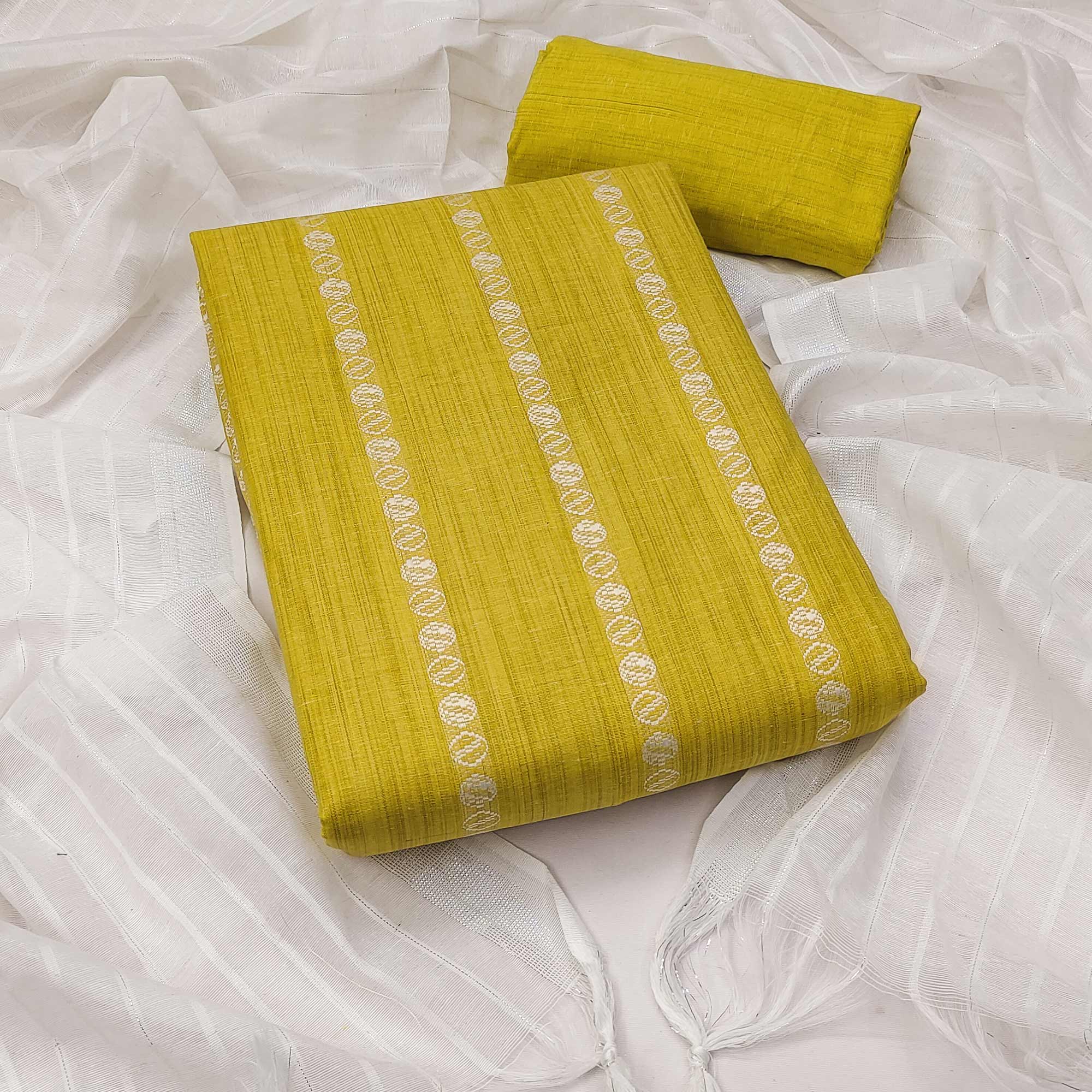 Intricate Weaving Work on Yellow Pure Cotton Dress Material