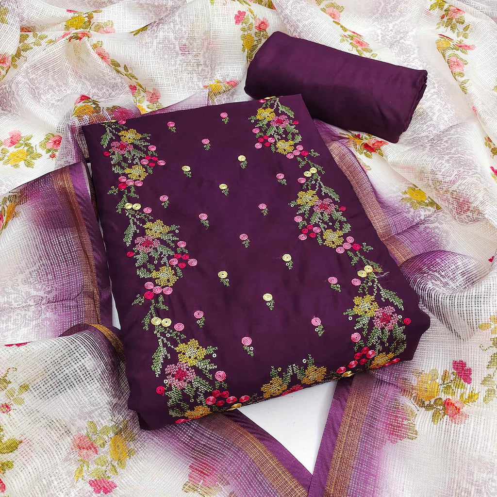 Dark Purple Viscose Dress Material With Floral Embroidered Neckline