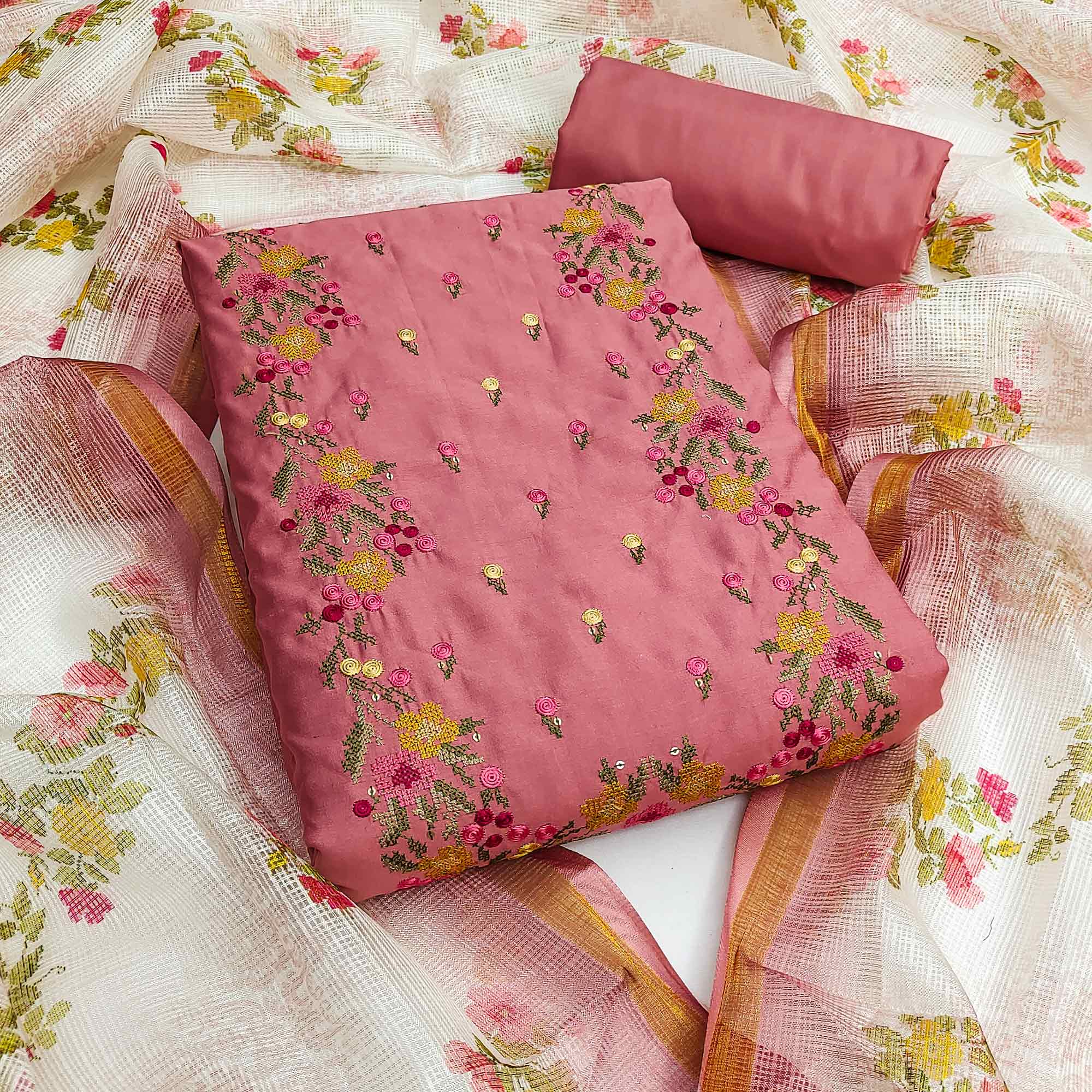 Peach Viscose Dress Material With Floral Embroidered Neckline