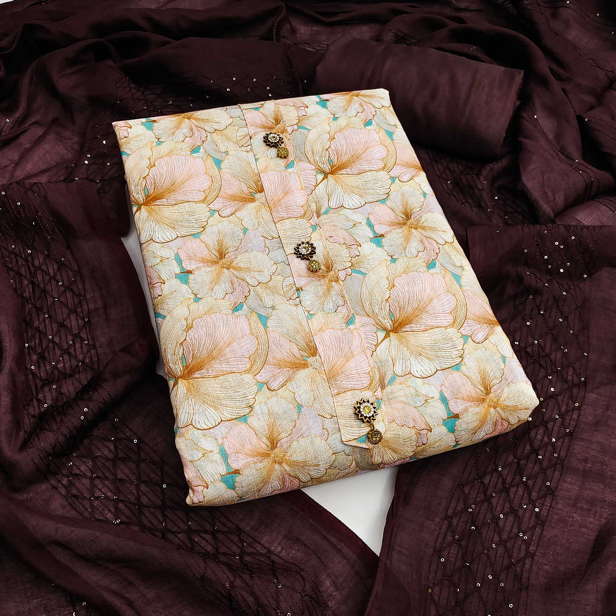 Cream Linen Dress Material With Delicate Floral Print