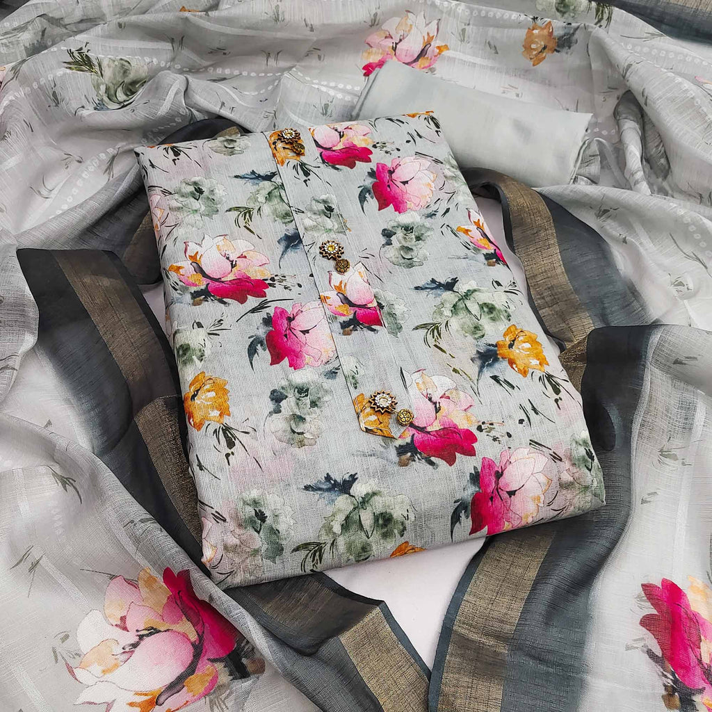 Grey Linen Dress Material With Delicate Floral Print