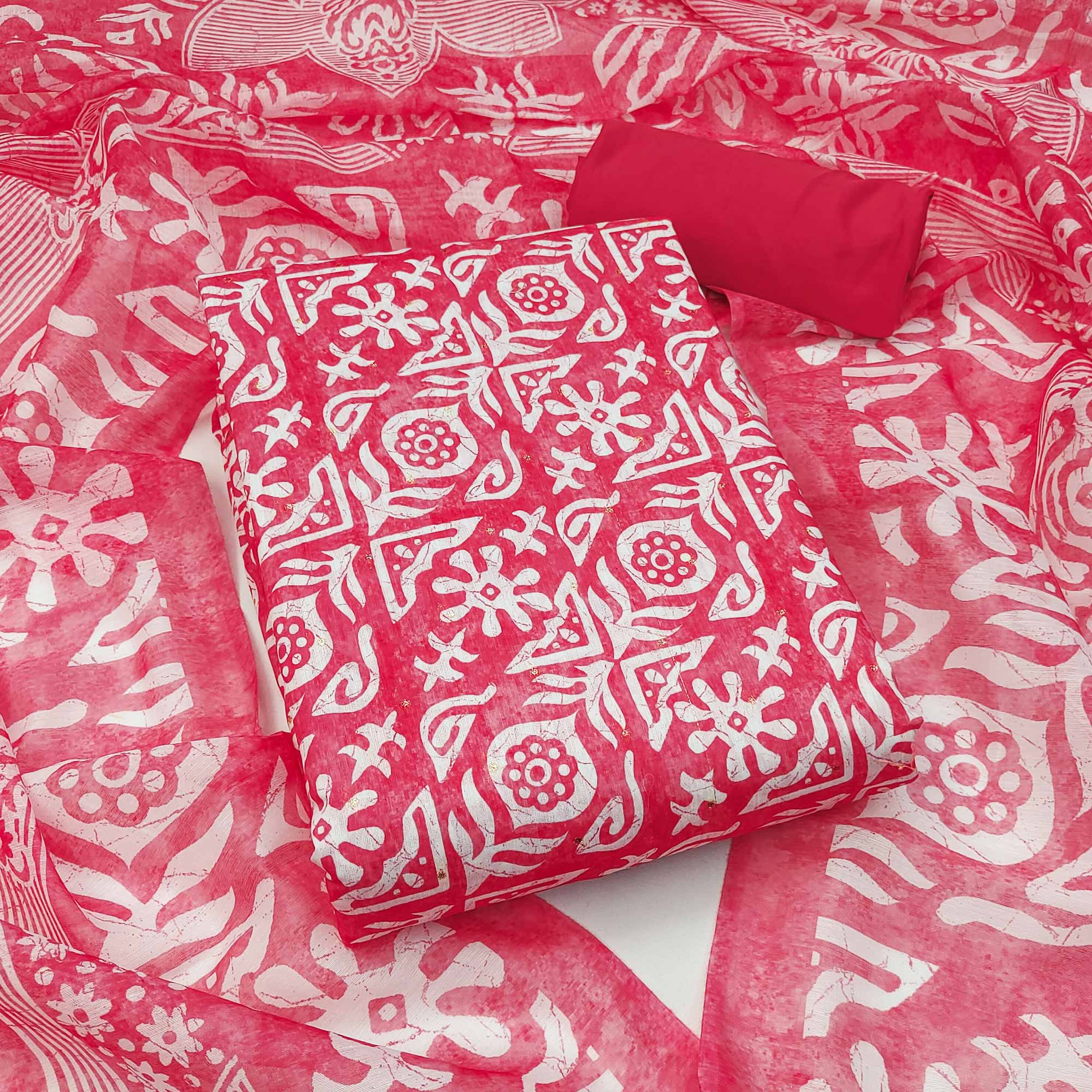 Pink Traditional Batik Print on Linen Dress Material