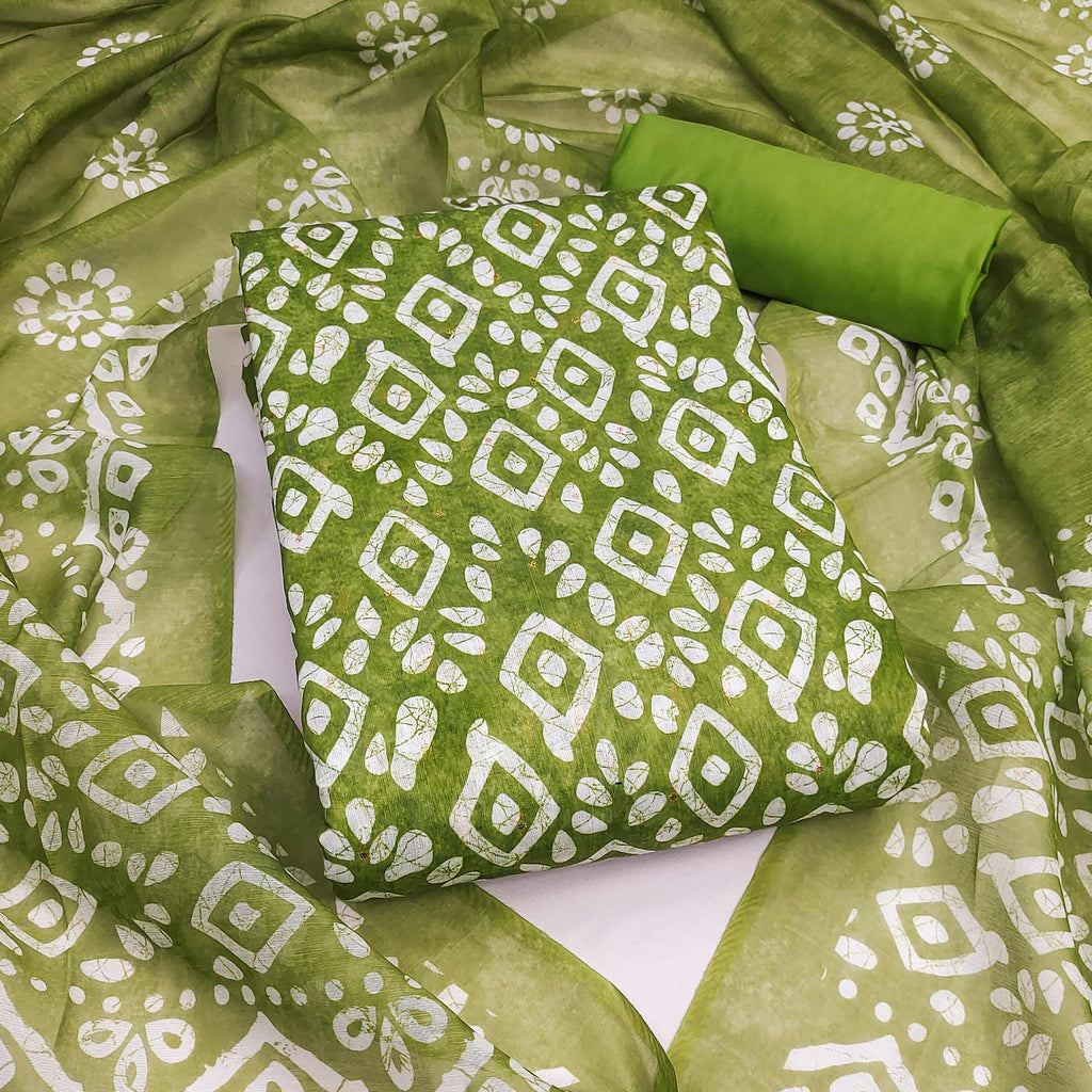 Green Chanderi Dress Material With Traditional Batik Prints