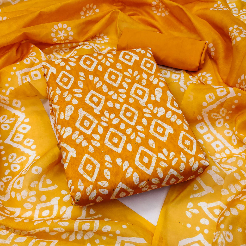 Mustard Yellow Chanderi Silk Dress Material With Traditional Batik Prints