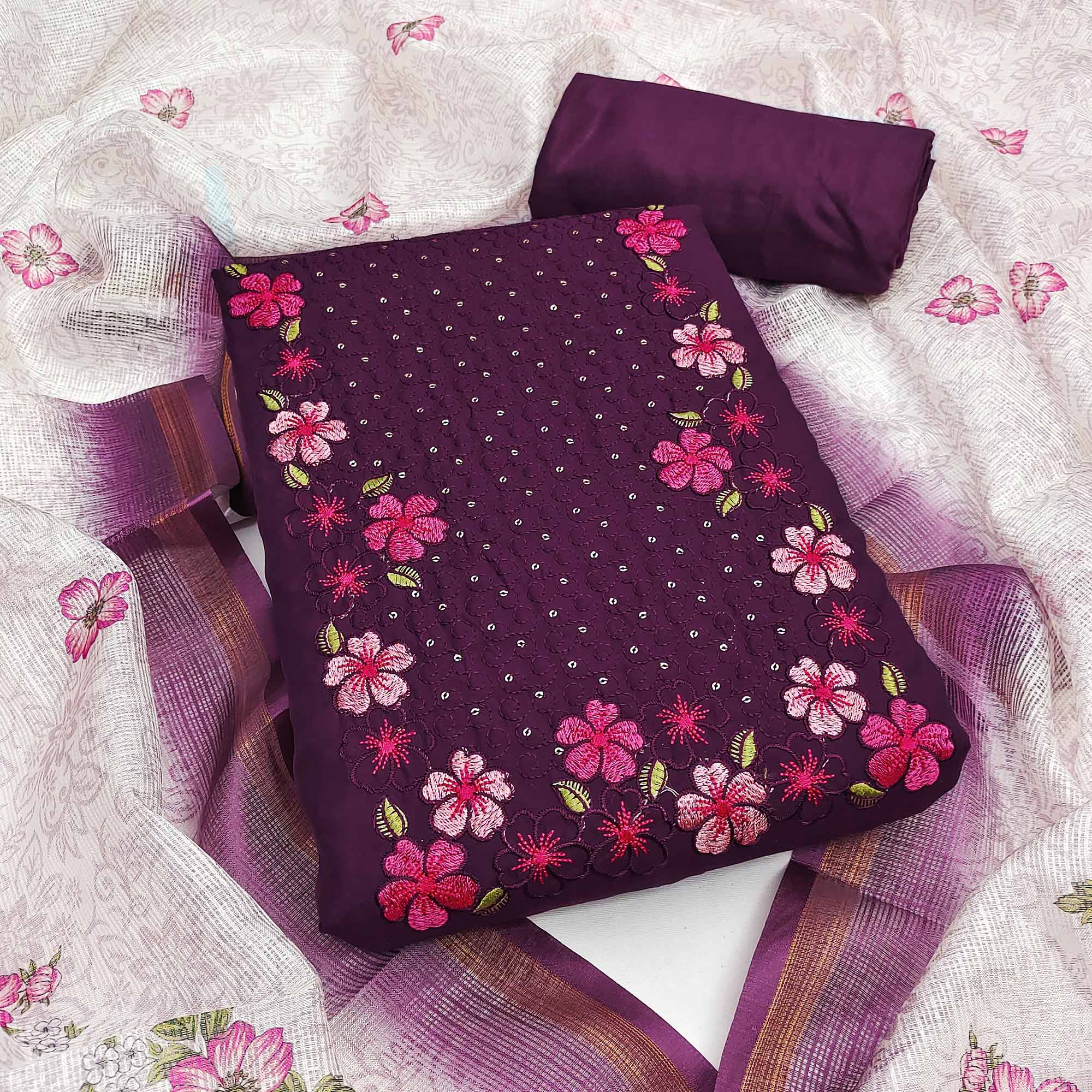 Dark Purple Delicate Floral Embroidery On Luxe Viscose Dress Material