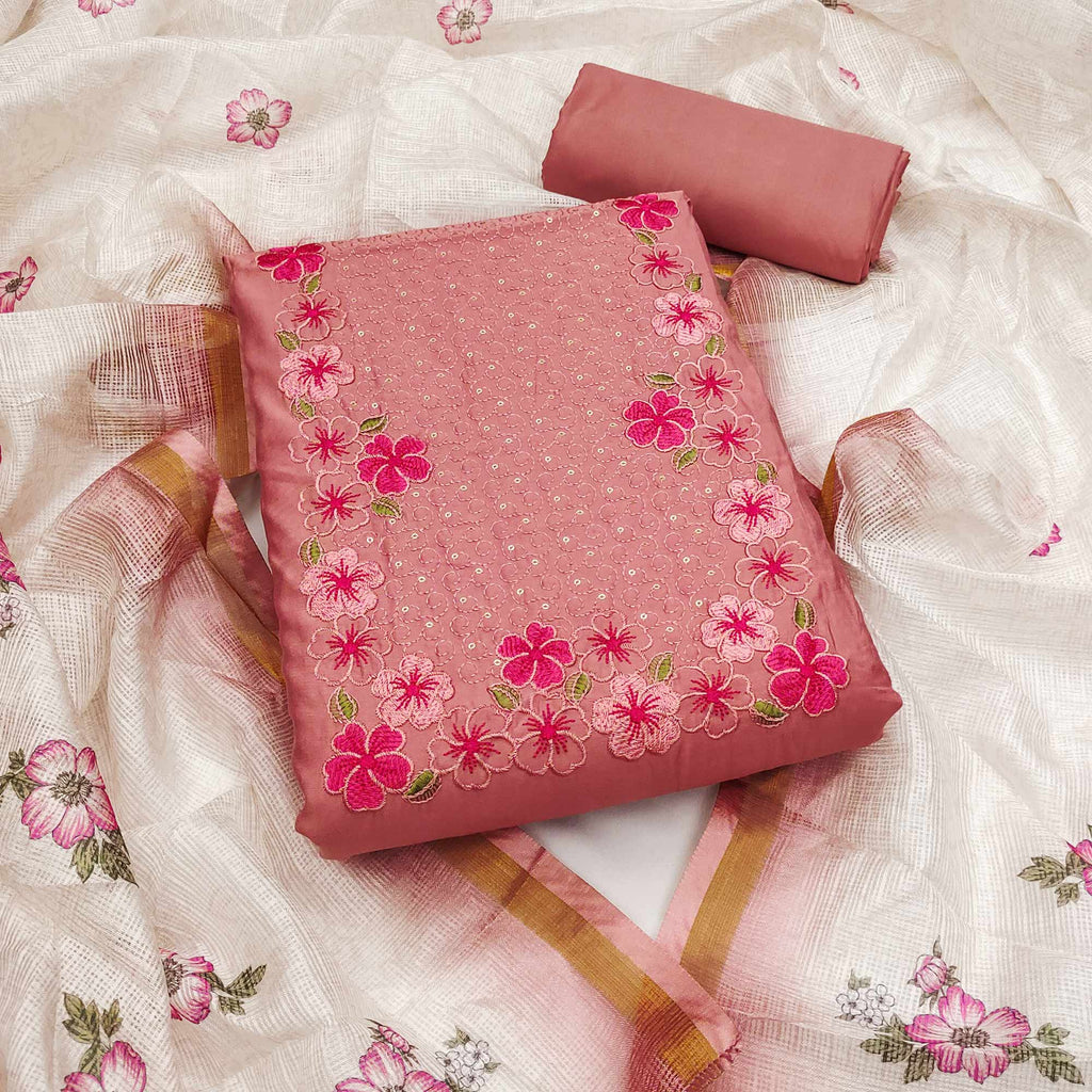 Dusty Rose Pink Delicate Floral Embroidery On Luxe Viscose Dress Material