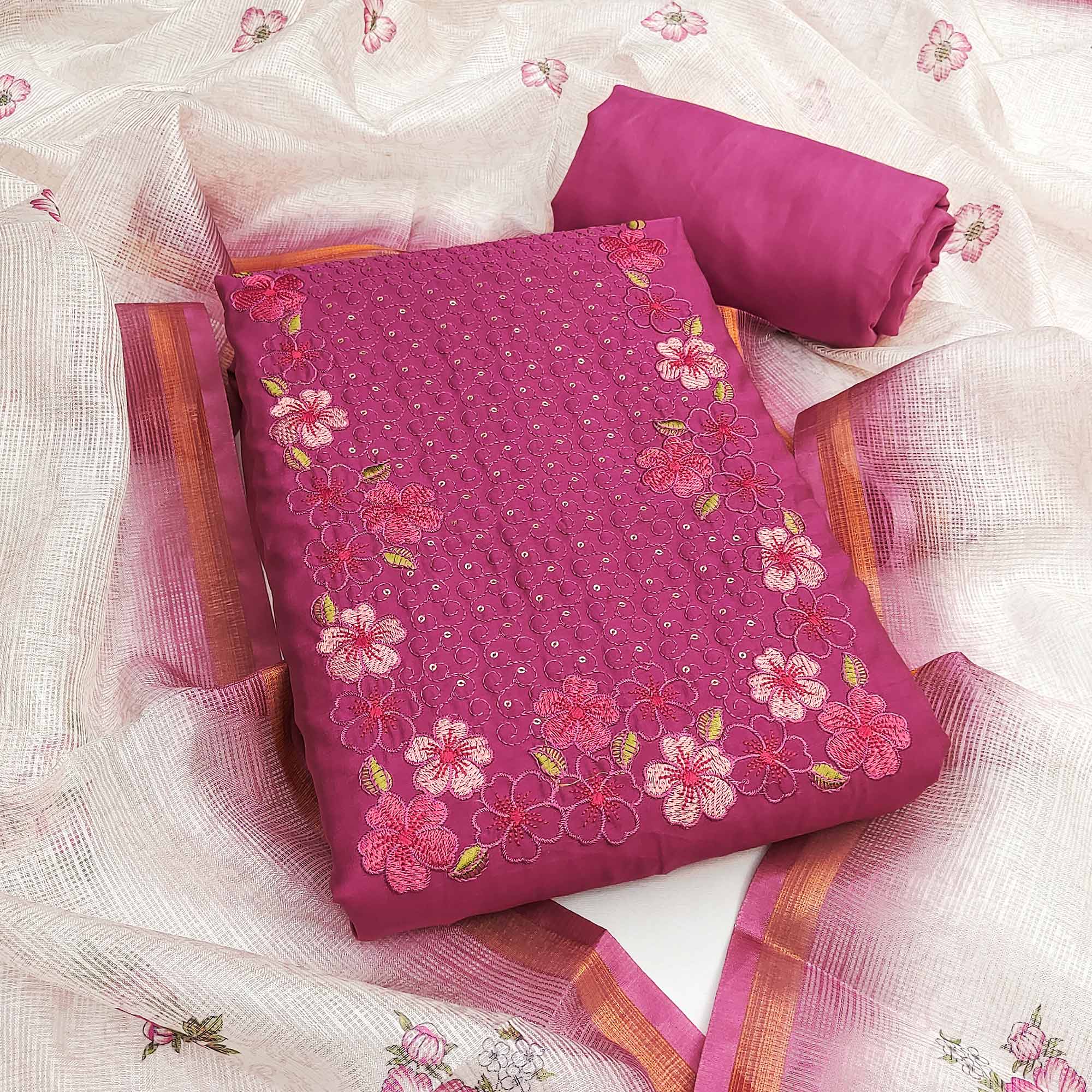 Pink Delicate Floral Embroidery On Luxe Viscose Dress Material