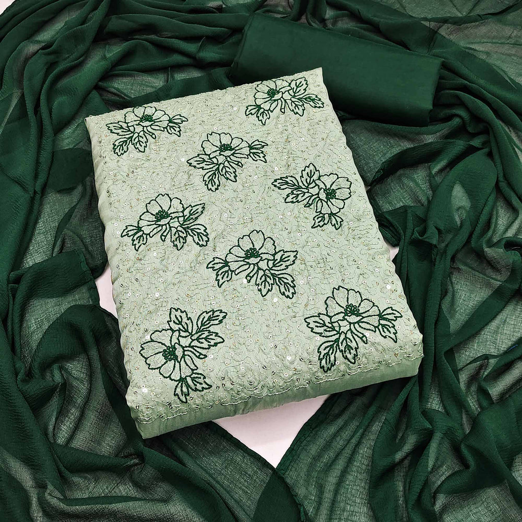 Light Green Silk Blend Dress Material with Sequin Embroidery