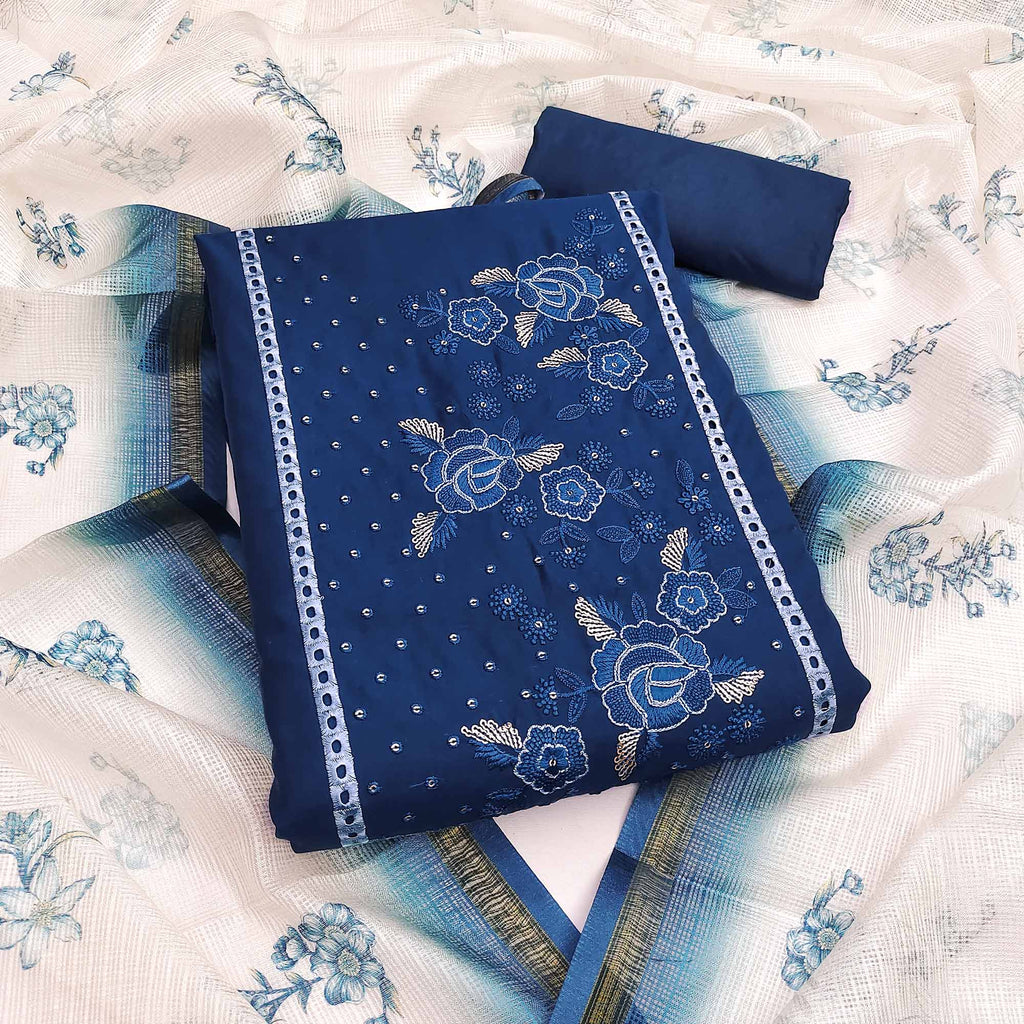 Blue Viscose Dress Material With Stunning Floral Sequin Embroidery