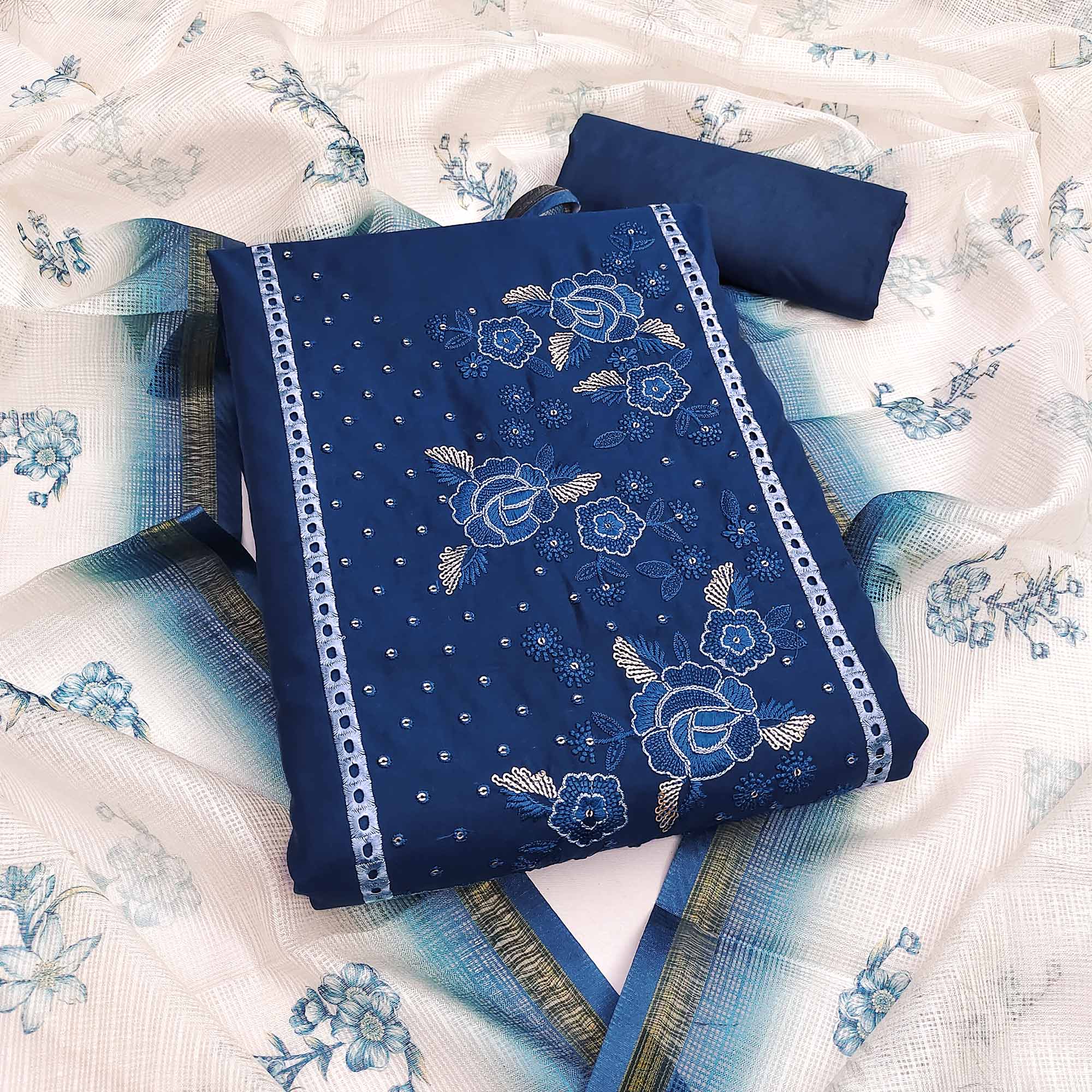 Blue Viscose Dress Material With Stunning Floral Sequin Embroidery