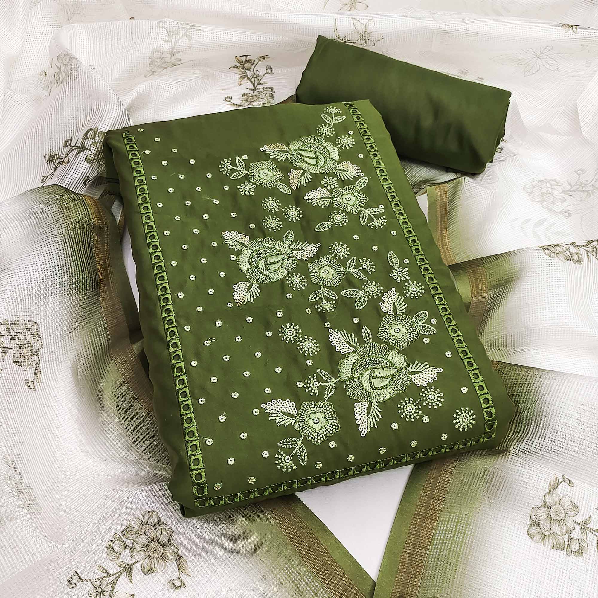 Green Viscose Dress Material With Stunning Floral Sequin Embroidery