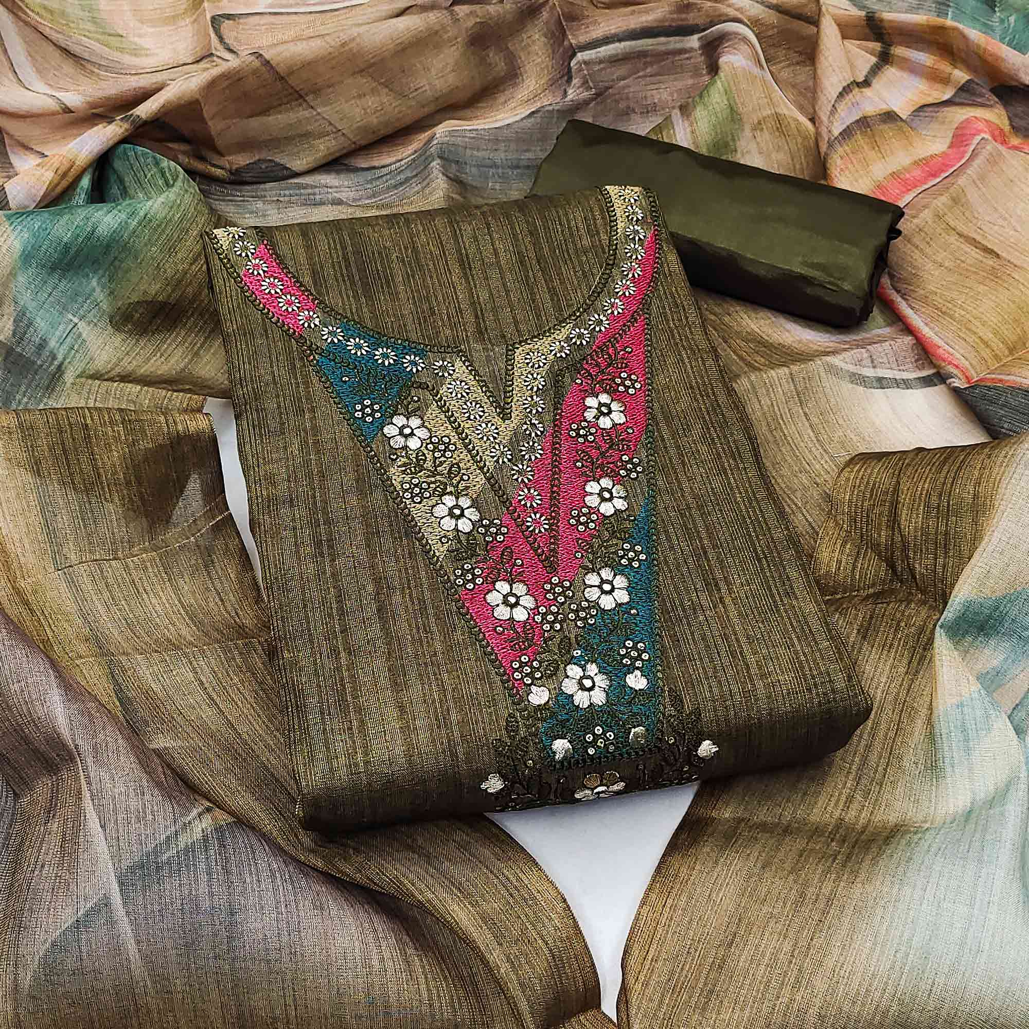 Green Art Silk Dress Material With Neck Embroidery