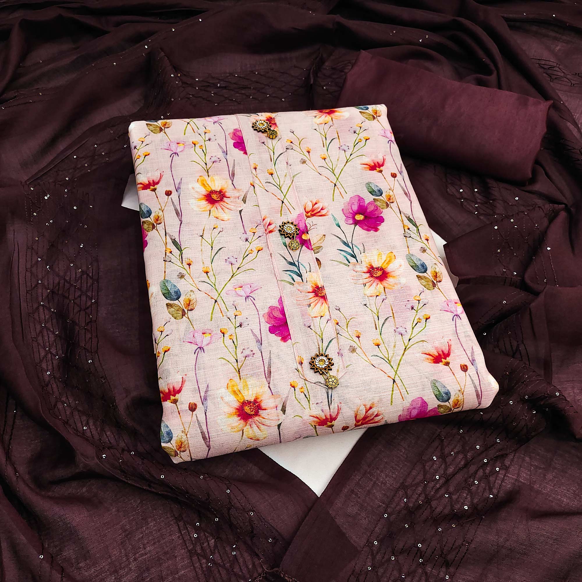 Brownish Maroon Linen Fabric with Serene Floral Patterns for Casual Looks