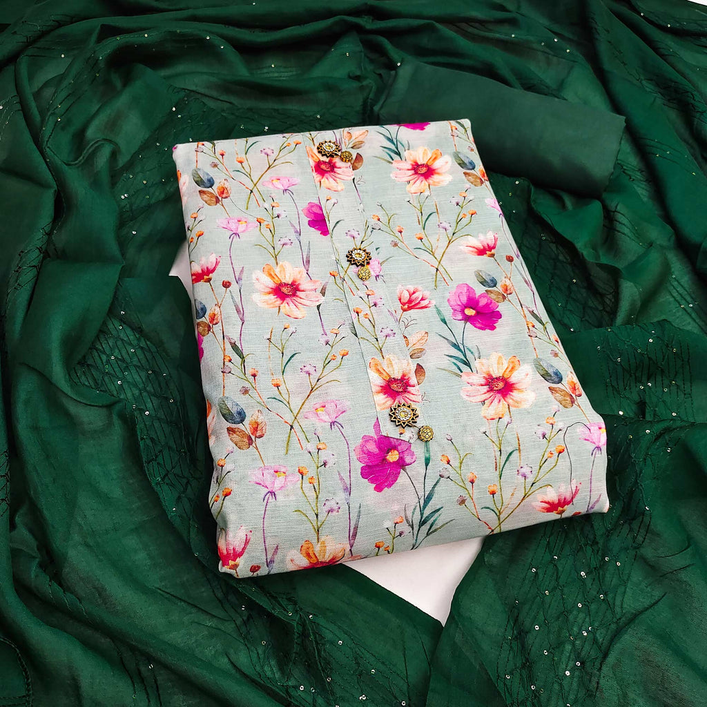 Green Linen Fabric with Serene Floral Patterns for Casual Looks