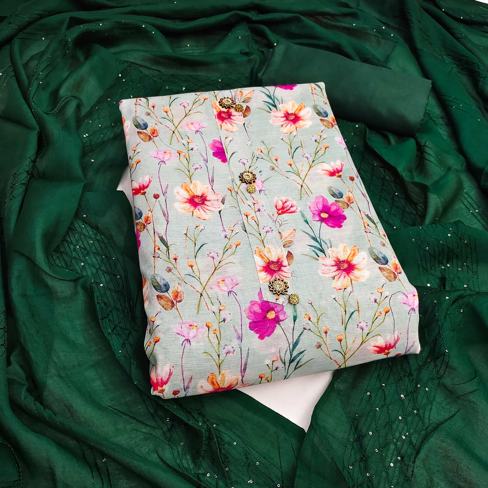 Green Linen Fabric with Serene Floral Patterns for Casual Looks