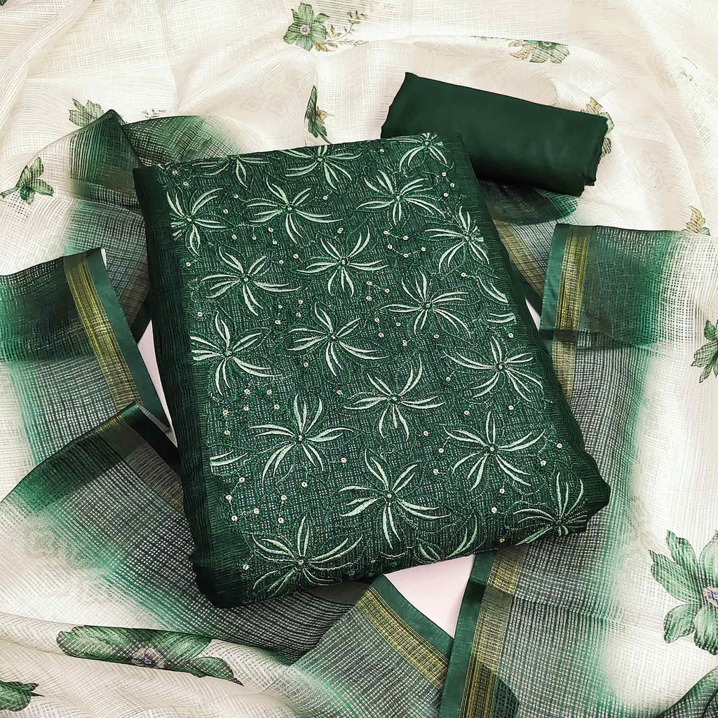 Green Unstitched Suit Material in Kota Doria with Floral Threadwork
