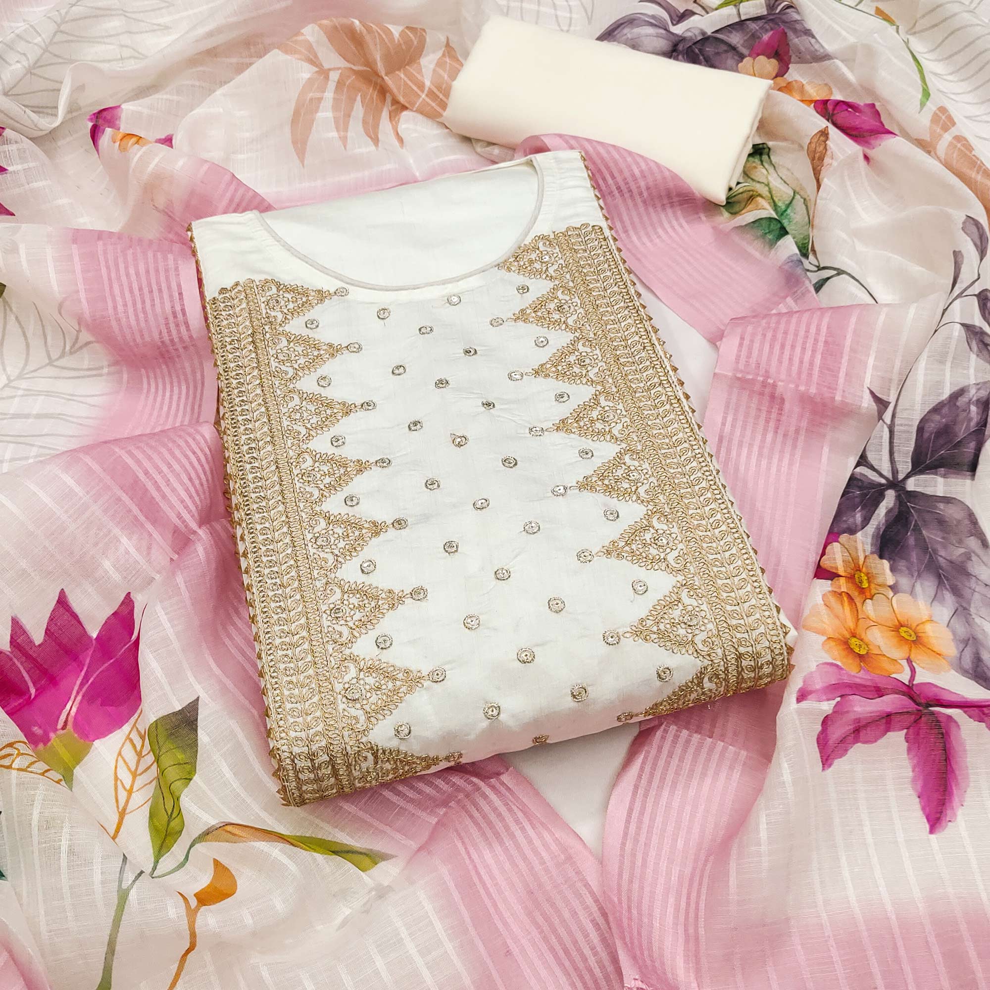 Off White Golden Thread Embroidered Viscose Dress Material