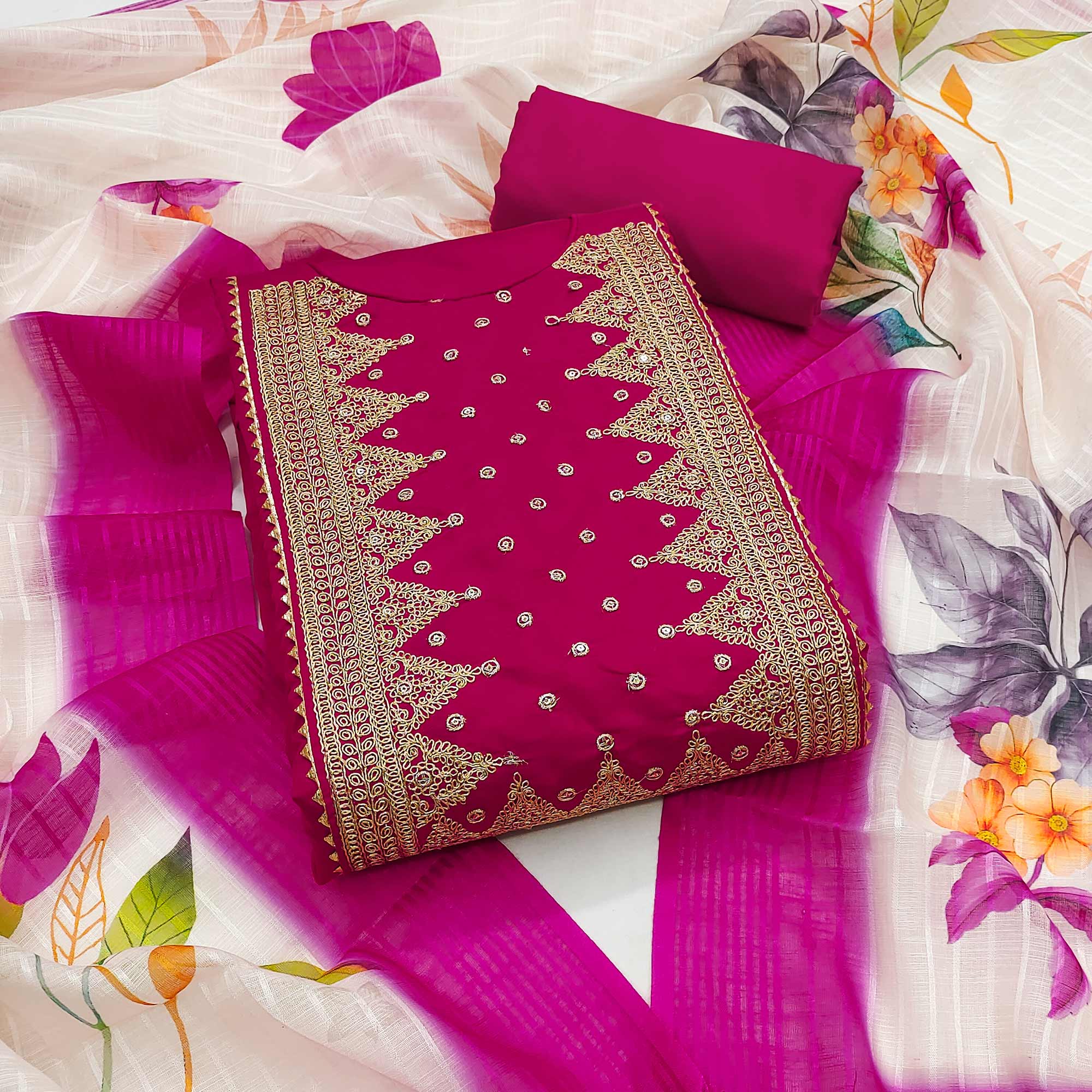 Pink Golden Thread Embroidered On Viscose Dress Material