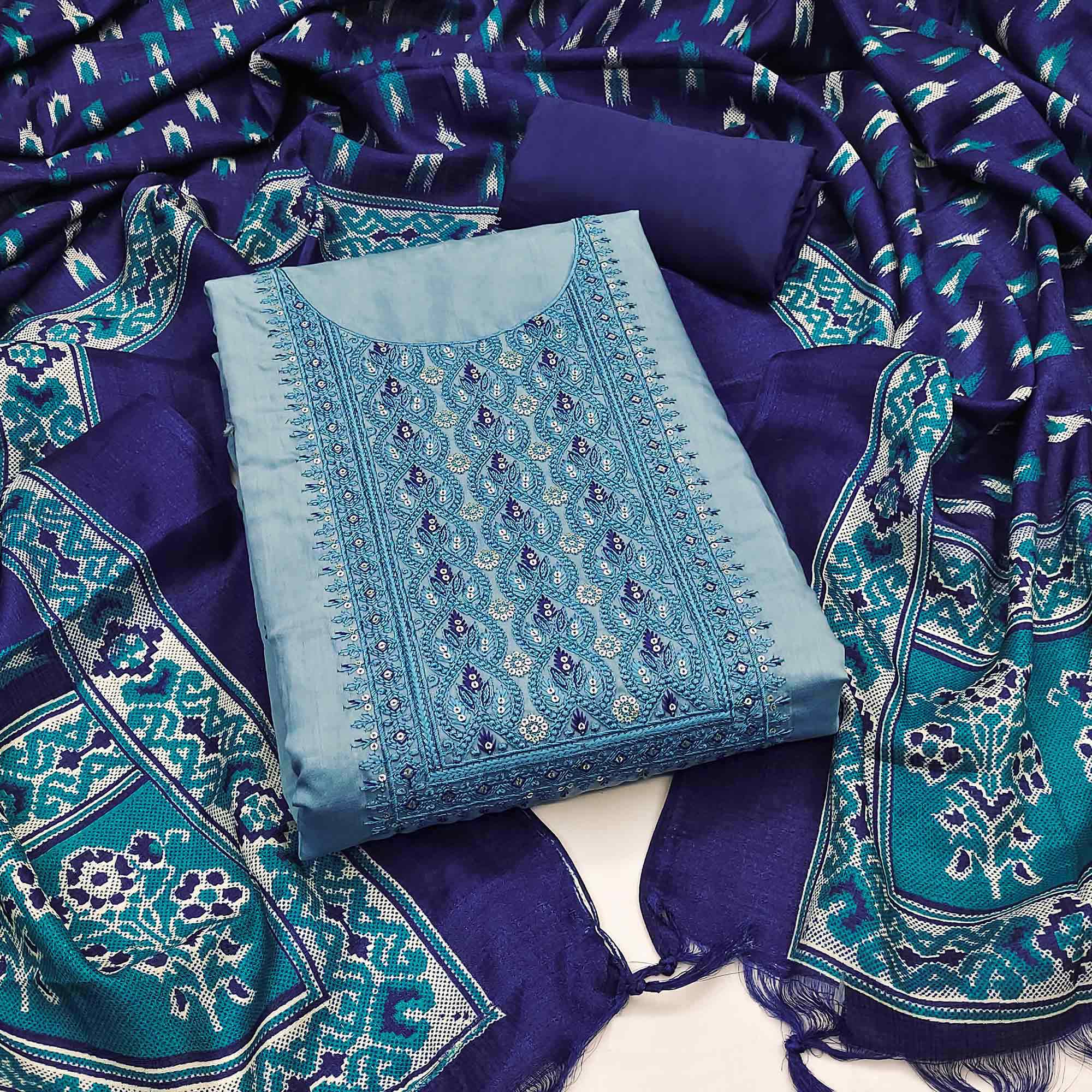 Charming Blue Floral Design With Sequin Work Dress Material In Chanderi Silk