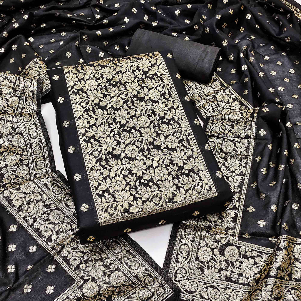 Classic Black Floral Zari Weaving Dress Material In Banarasi Silk