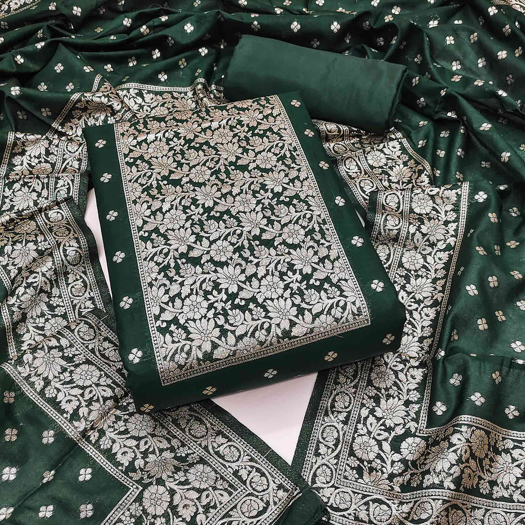 Luxurious Green Banarasi Silk With Floral Zari Weaving Work Dress Material
