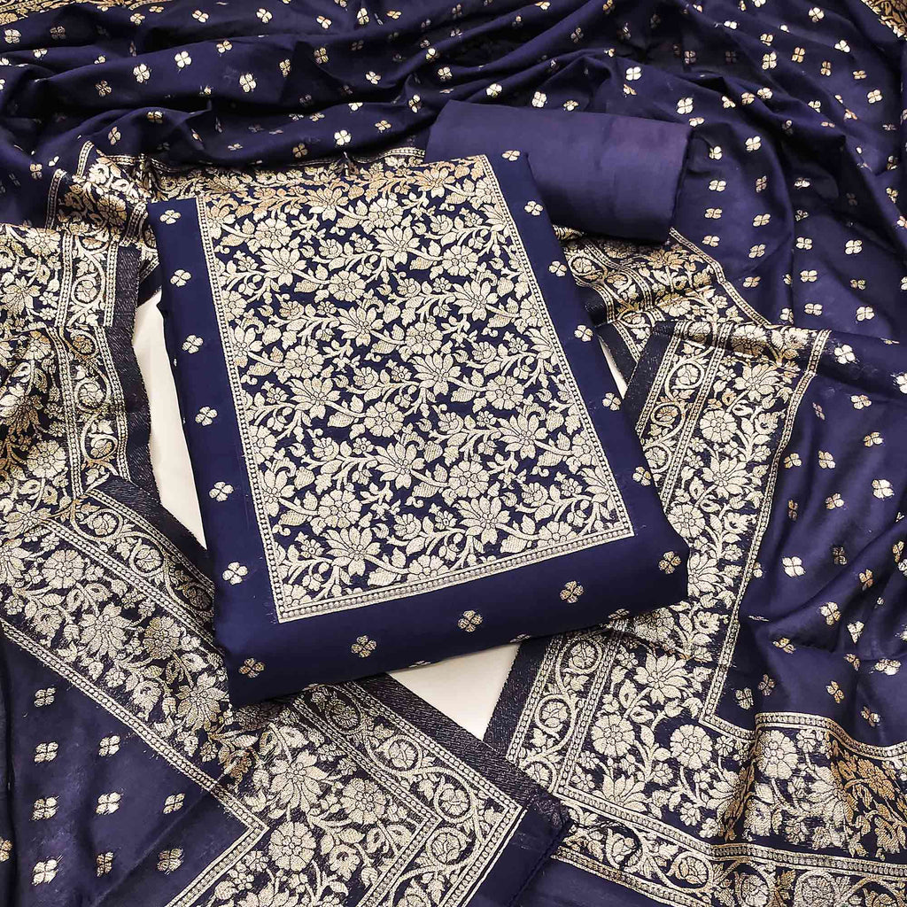 Ornate Navy Blue Banarasi Silk With Floral Zari Weaving Work Dress Material