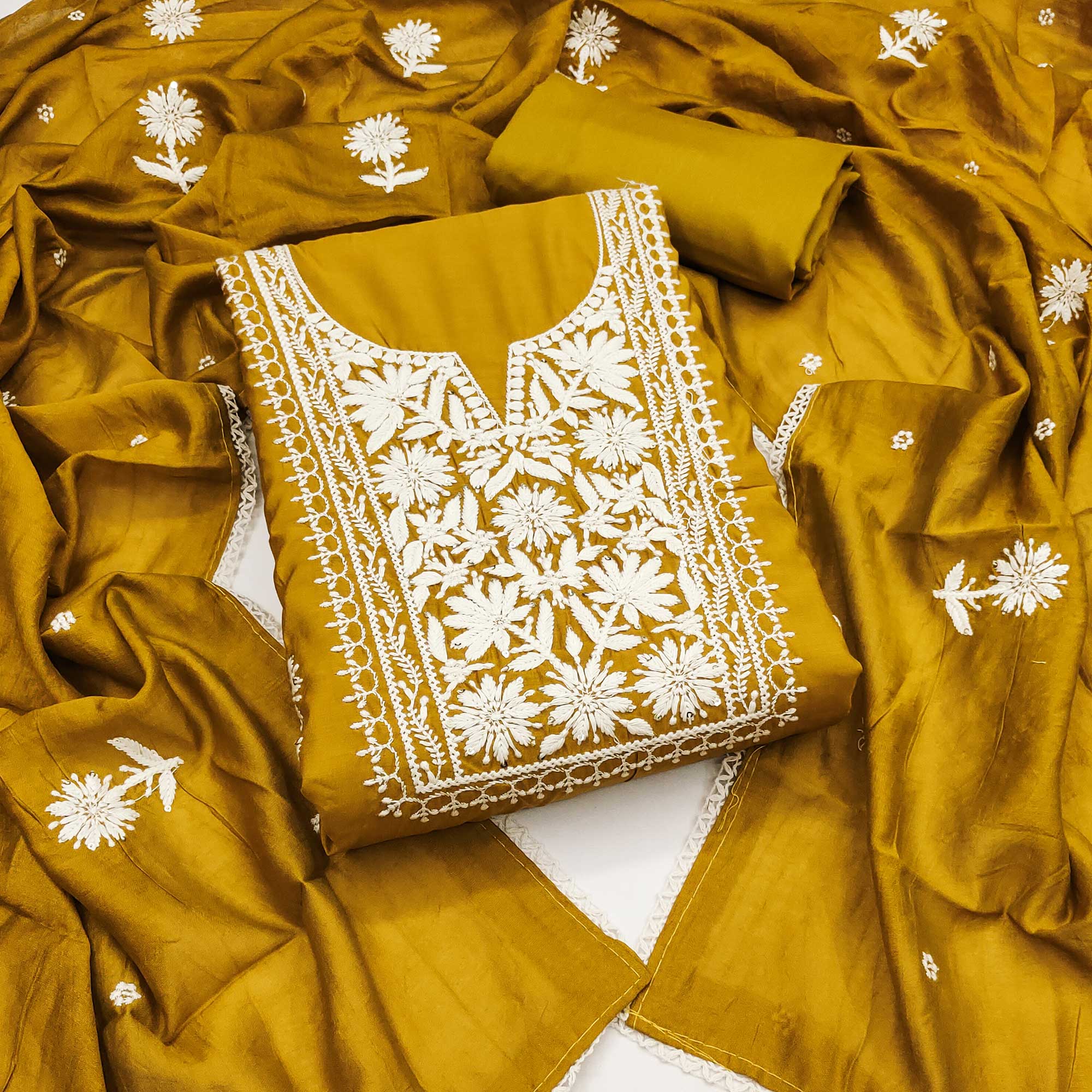 Mustard Blossom Embroidered Viscose Fabric for Effortless Style