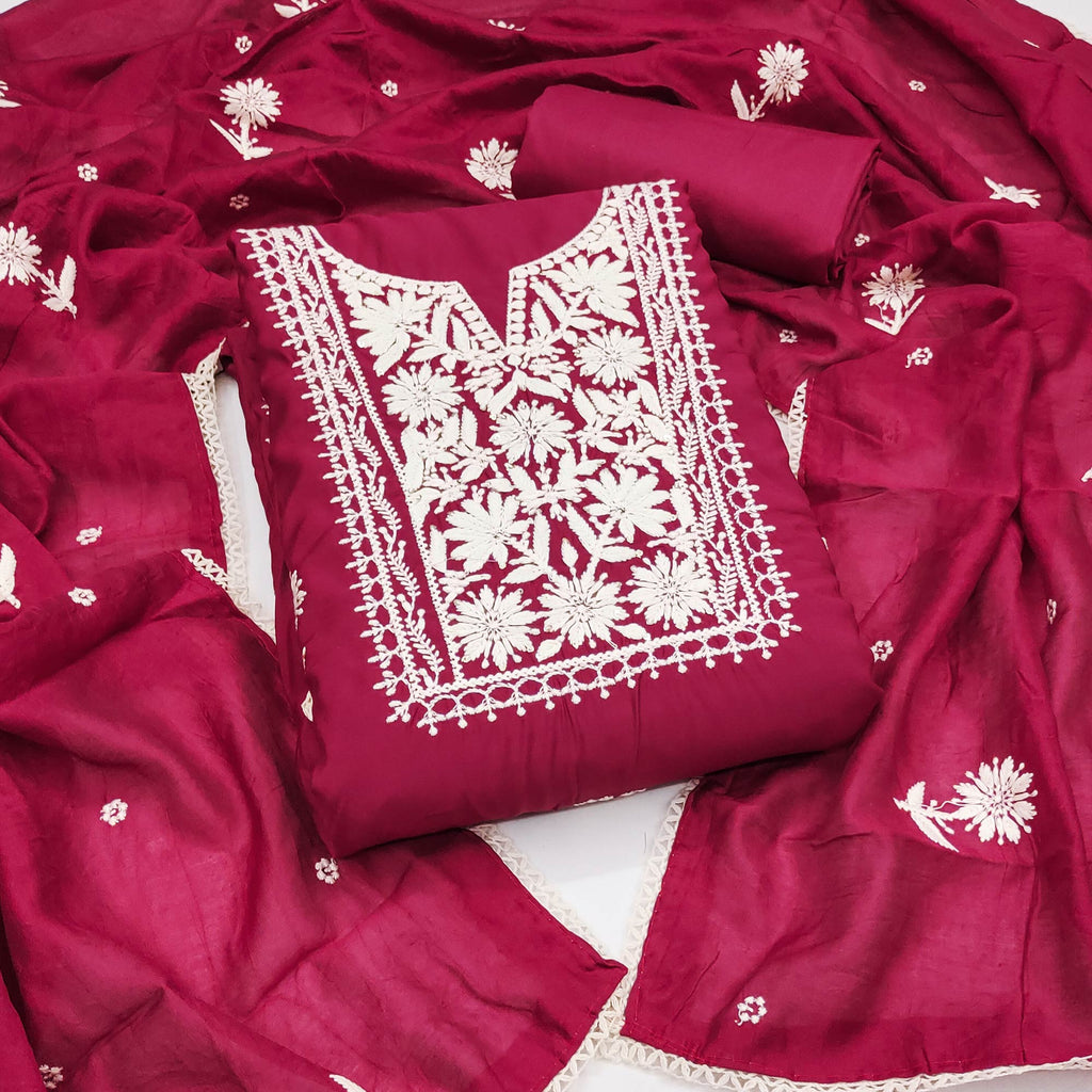 Pink Blossom Embroidered Viscose Fabric for Effortless Style