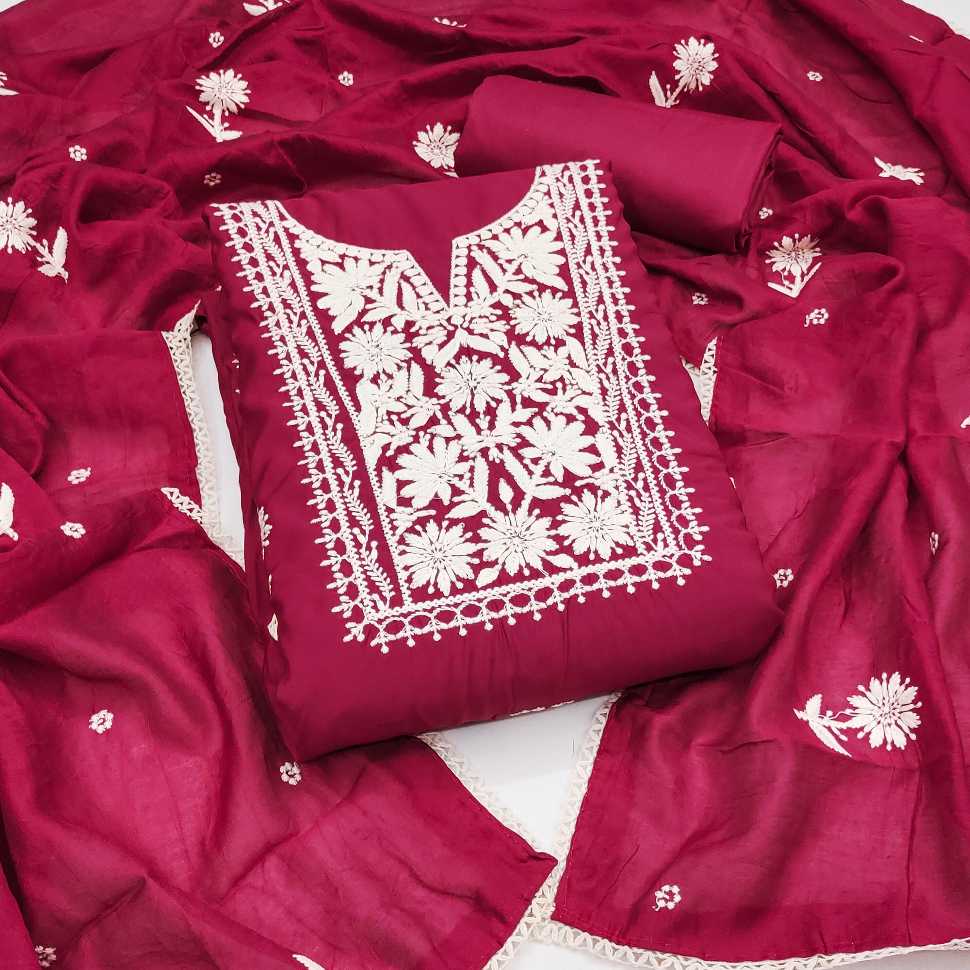 Pink Blossom Embroidered Viscose Fabric for Effortless Style