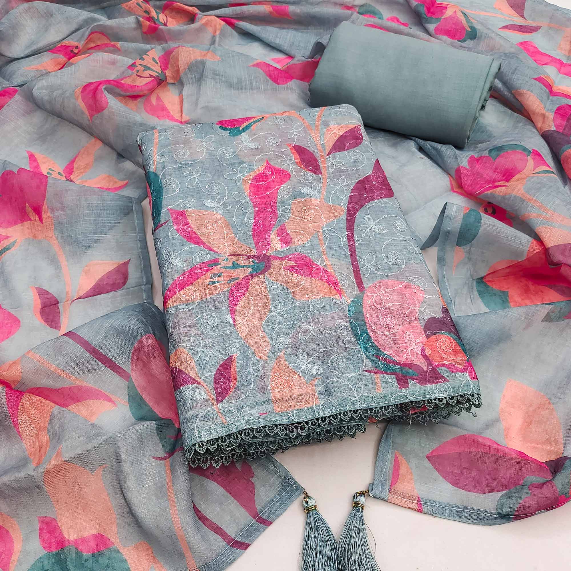 Grey Linen Dress Material Adorned with Artistic Floral Print and Elegant Thread Embroidery